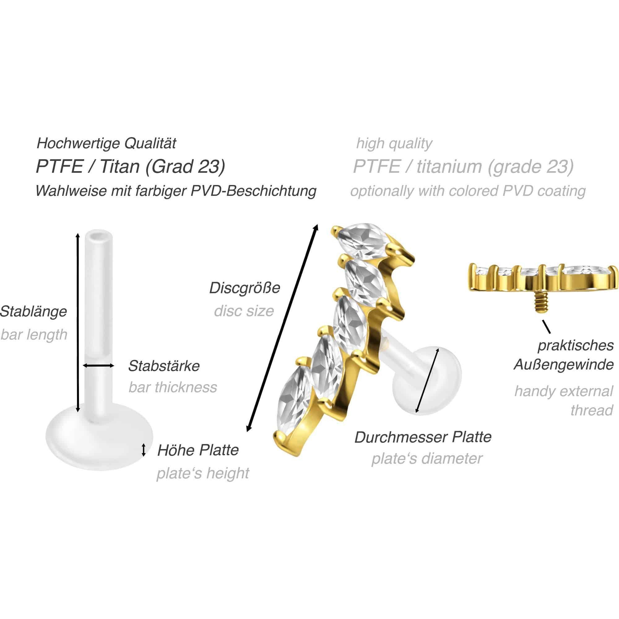 PIERCINGLINE Piercing-Set PTFE Labret mit Innengewinde + Titan-Aufsatz 5 EINGEFASSTE (Labrets, 1-tlg)