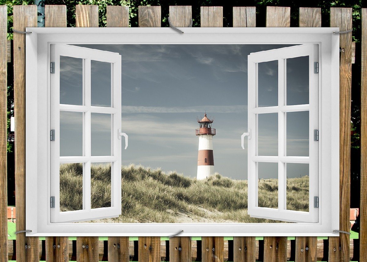 Thumbnail - Wallario Sichtschutzzaunmatten Leuchtturm auf der Düne am Strand, mit Fenster-Illusion