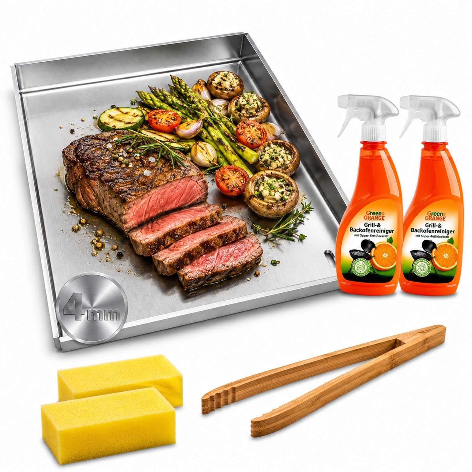 BURI Grillplatte Plancha Grillplatte 30x40cm Edelstahl Set + Grillzange & Grillreiniger