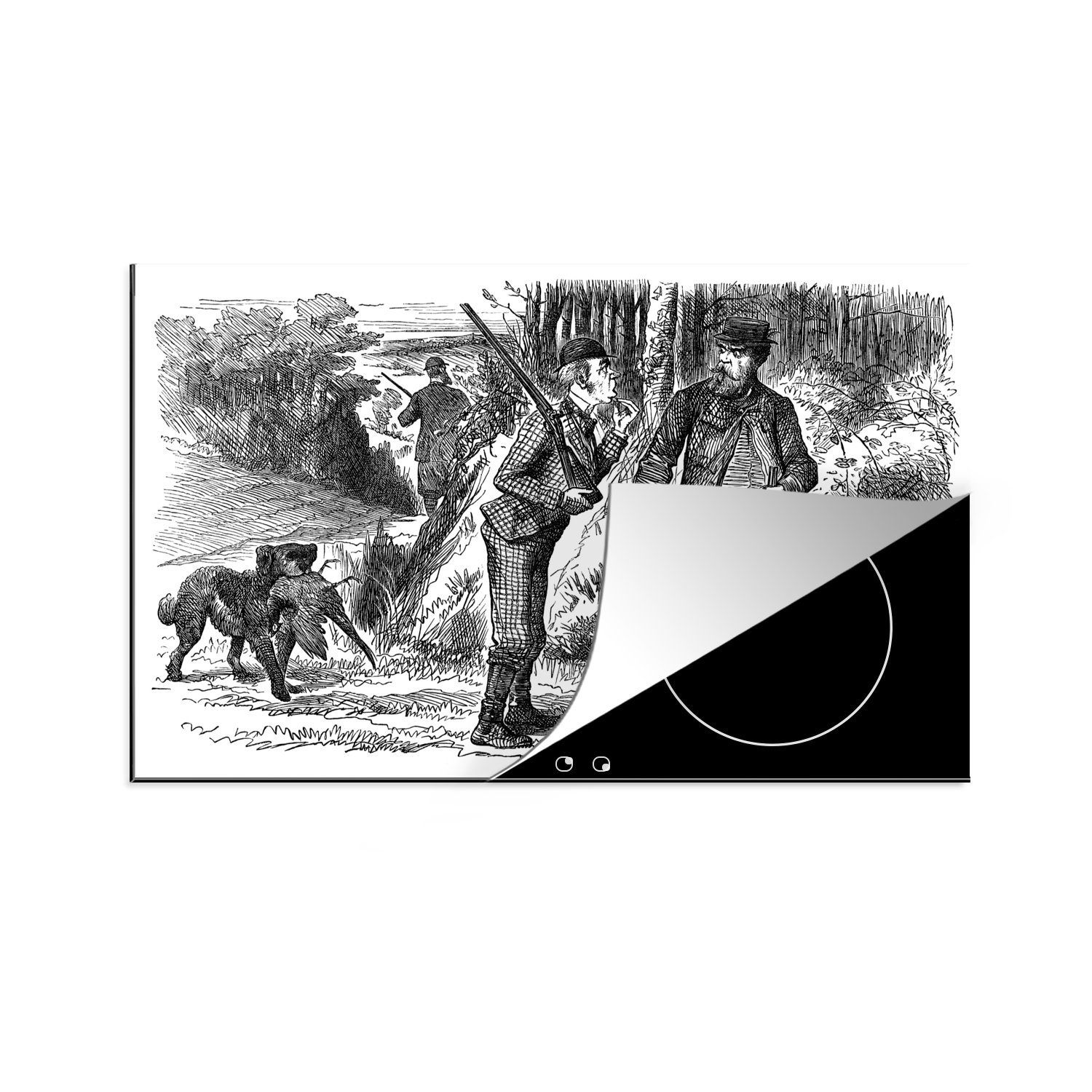 MuchoWow Herdblende-/Abdeckplatte Eine Illustration von drei Jägern mit einem Jagdhund, Vinyl, (1 tlg), 81x52 cm, Induktionskochfeld Schutz für die küche, Ceranfeldabdeckung