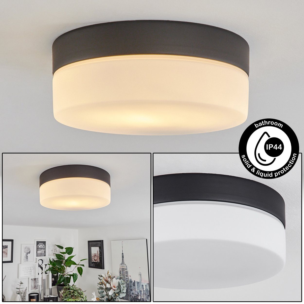 hofstein Deckenleuchte »Sospirold« aus Aluminium/Glas in Schwarz/Weiß, ohne Leuchtmittel, runde Deckenlampe, E27, IP44