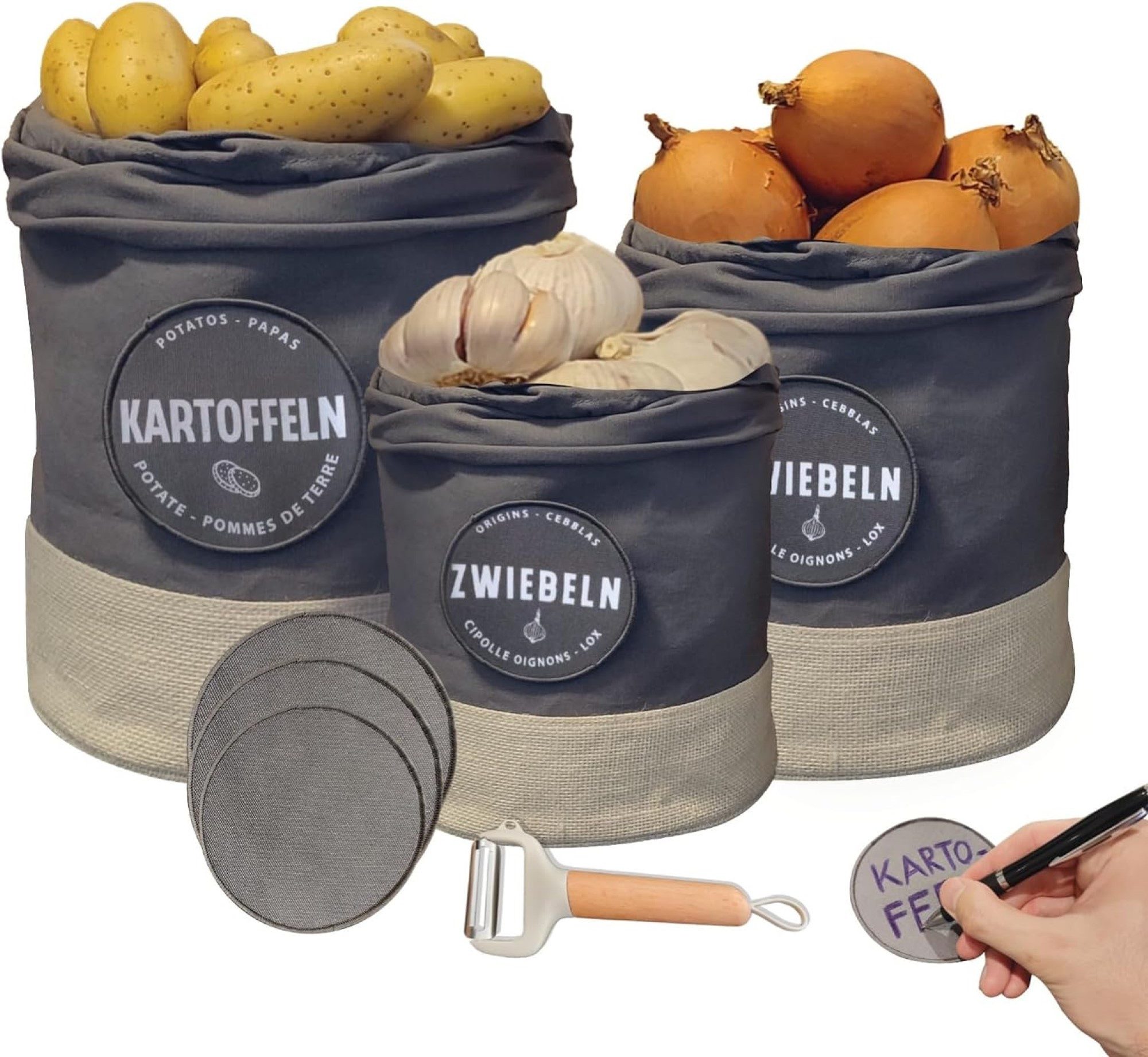 Aufbewahrungsbox Nachhaltige Aufbewahrungsbox 3er Set Vintage Korb mit Leinenbeutel