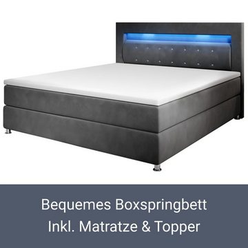 Juskys Boxspringbett Vancouver, 120x200 cm, Bonell-Federkernmatratzen, Topper, LED-Beleuchtung