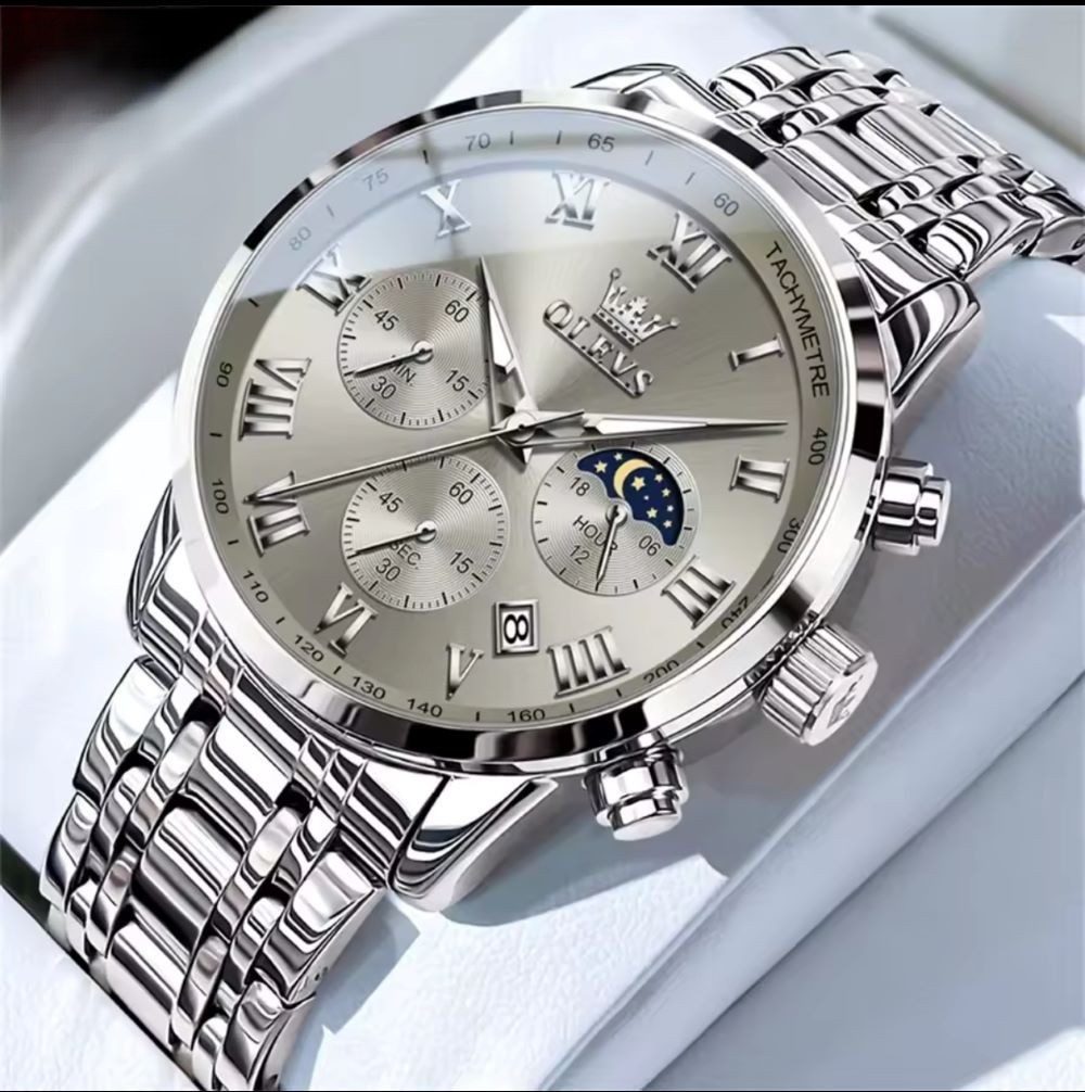 OLEVS Quarzuhr Herren Olevs Chronograph Uhr Tag & Nacht Anzeige, Edelstahl, Grau