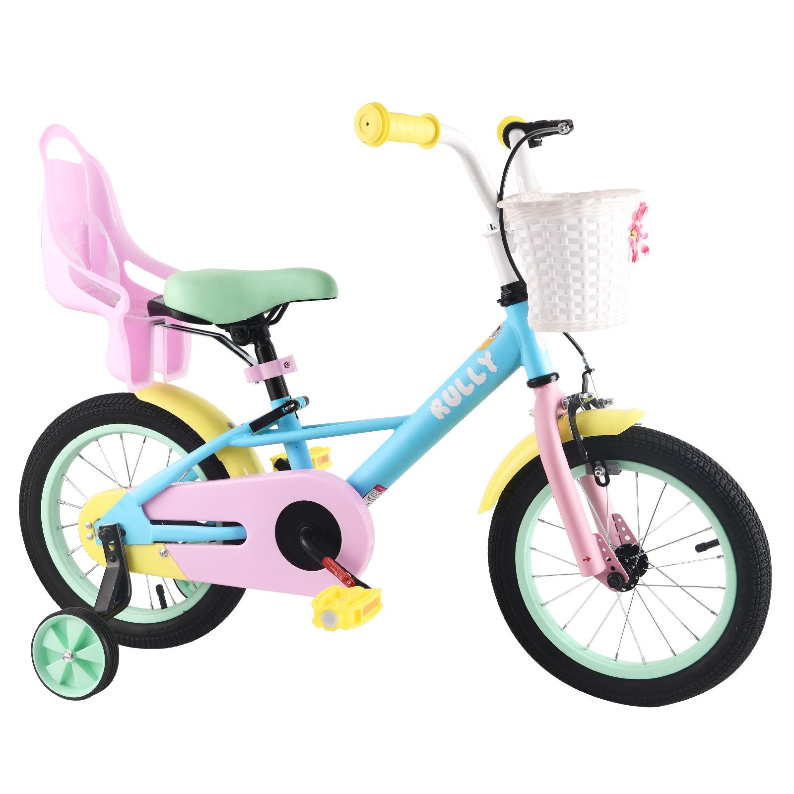 RULLY Kinderfahrrad Kinderfahrrad für Mädchen 12/14/16 Zoll, 2–7 Jahre, 1 Gang, Mit Korb, Puppensitz, Stützrädern, Schutzblech & Klingel