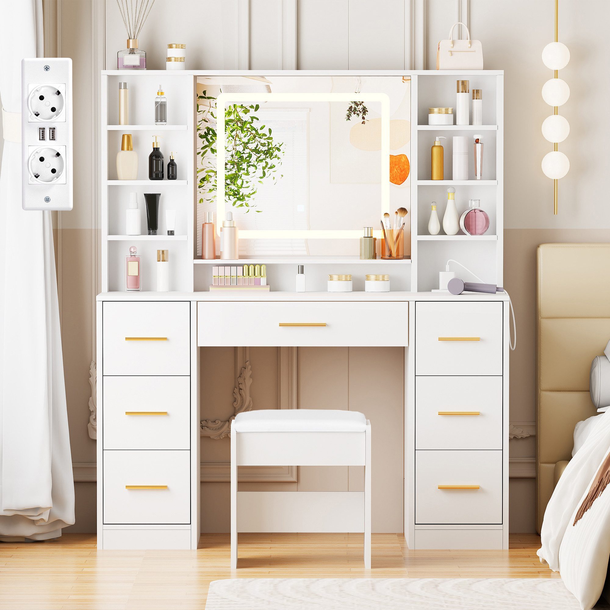 BEWISHOME Schminktisch mit Spiegel und Hocker, Ladestation, 7 Schubladen, LED-Beleuchtung (1-St), 100 x 40 x 140cm