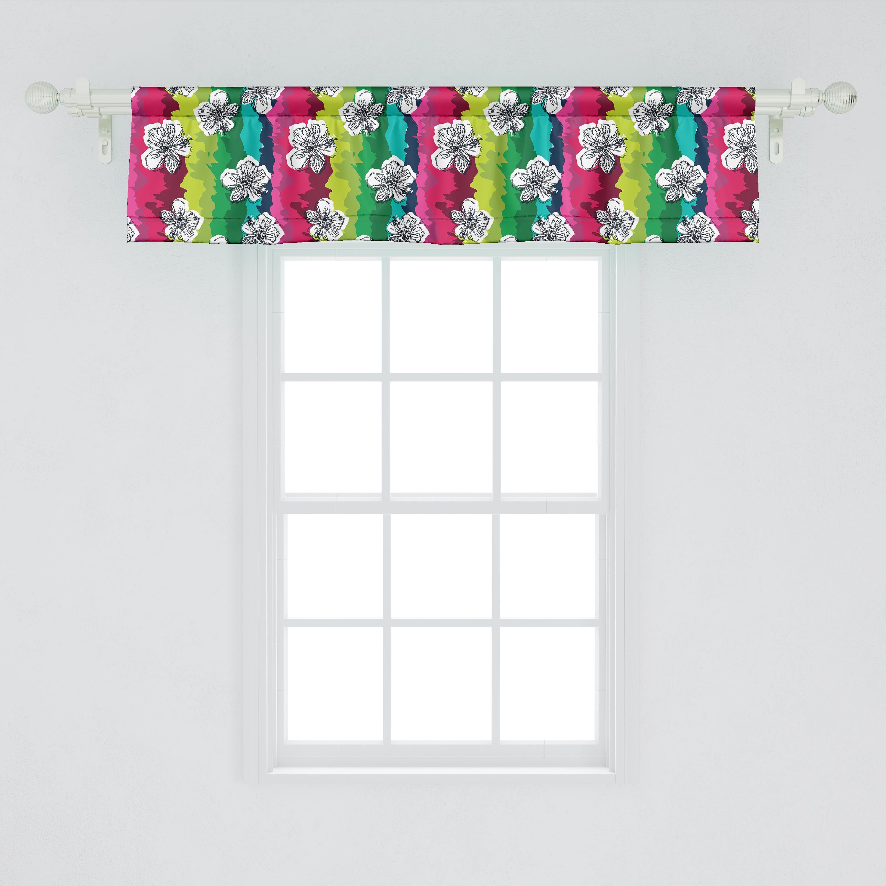 Scheibengardine Vorhang Volant Küche Streifen für Hibiscus mit auf Abakuhaus, bunte Dekor Sommer Microfaser, Schlafzimmer Stangentasche