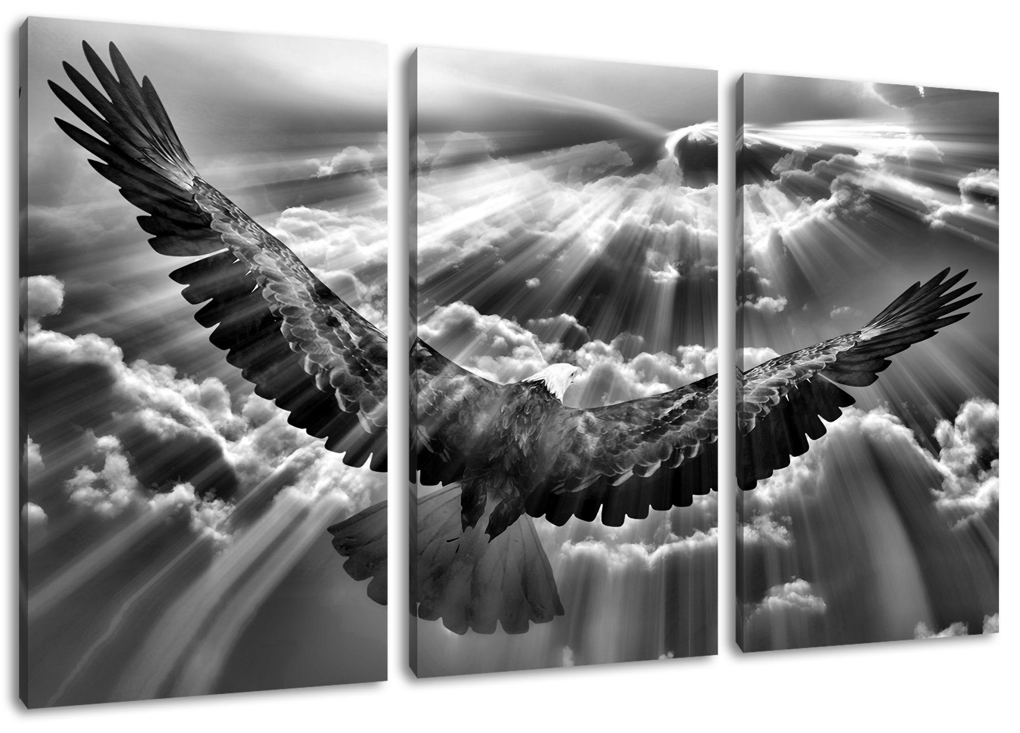 Pixxprint Leinwandbild Adler über den Zackenaufhänger 3Teiler den St), fertig (120x80cm) Adler inkl. Wolken, über (1 Wolken Leinwandbild bespannt