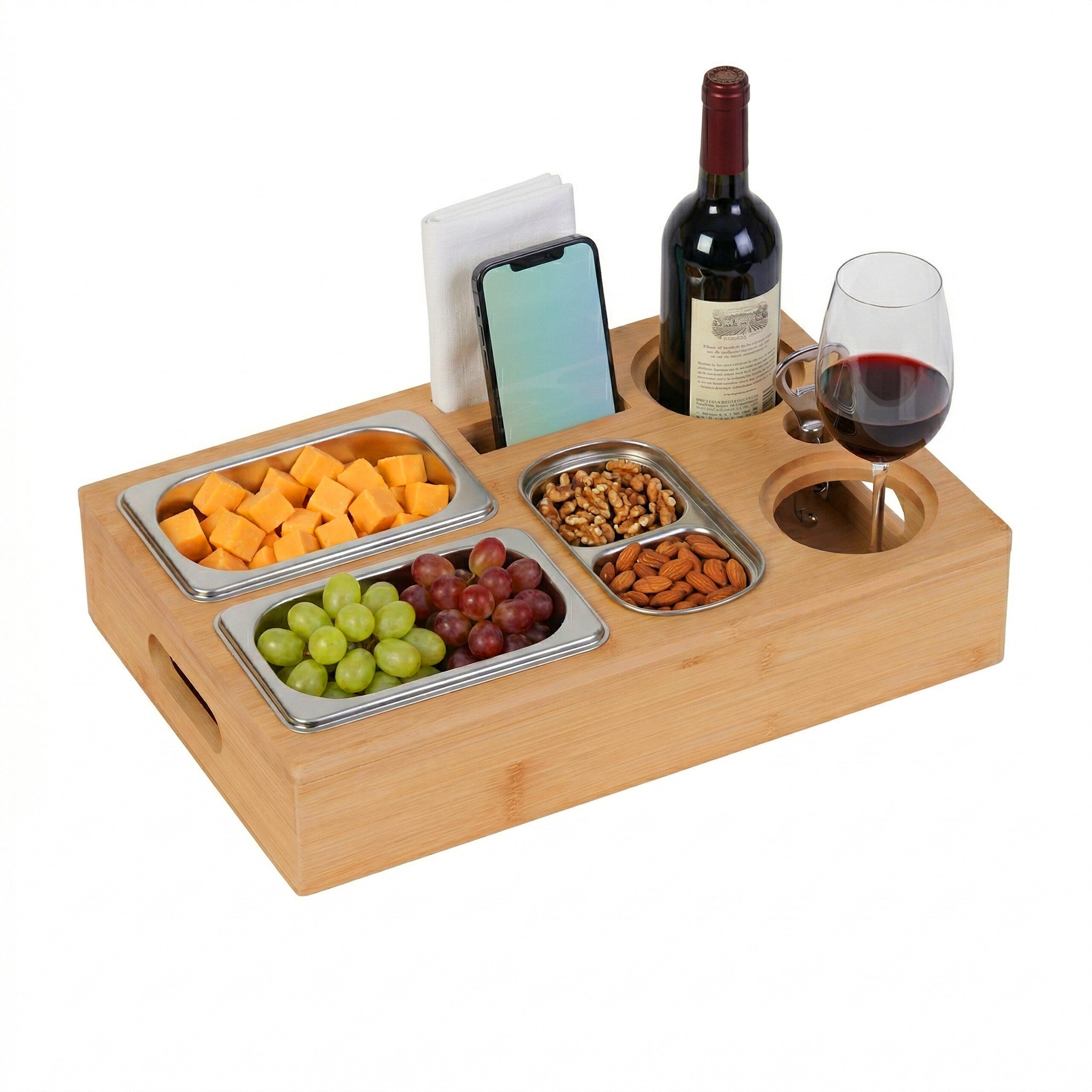 relaxdays Tablett Couchbar mit 3 Edelstahl-Snackschalen, Bambus, (4-tlg), natur