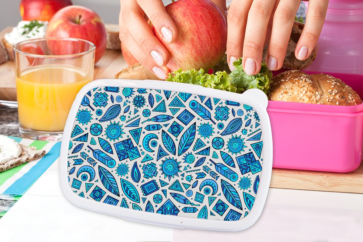 Kunststoff Brotdose Blau Federn rosa - Mond, Lunchbox - Brotbox Mädchen, Kinder, für Erwachsene, Snackbox, (2-tlg), Muster Kunststoff, MuchoWow -