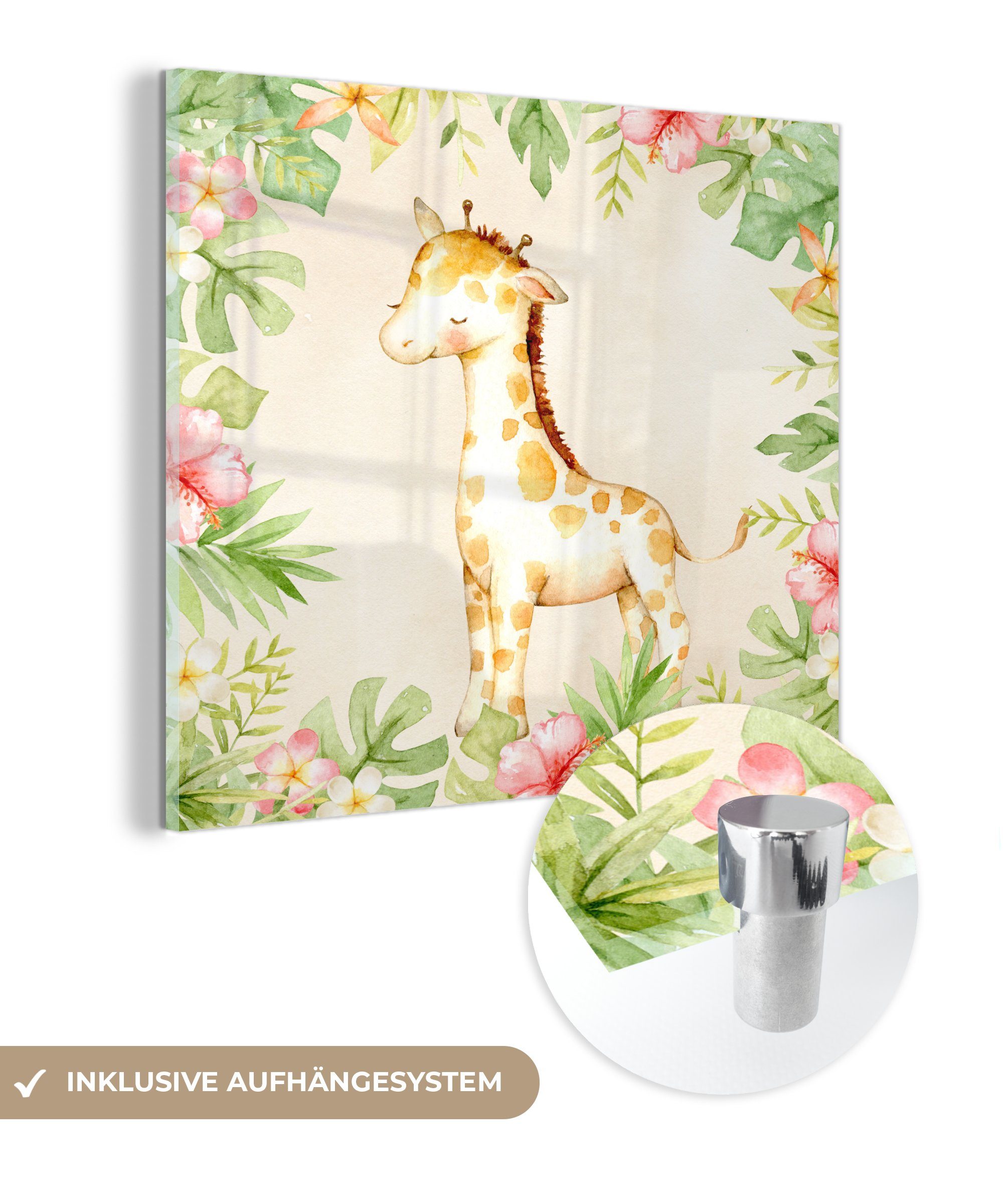MuchoWow Acrylglasbild Giraffe - Dschungel - Aquarell, (1 St), Glasbilder - Bilder auf Glas Wandbild - Foto auf Glas - Wanddekoration