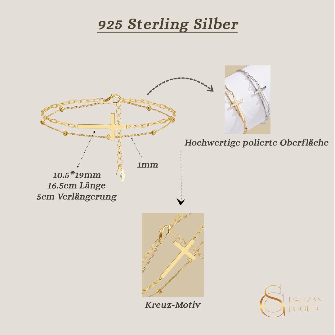 Suzan Gold Silberarmband Solvira – 925 Silber Armband mit Kreuz & Doppelket günstig online kaufen