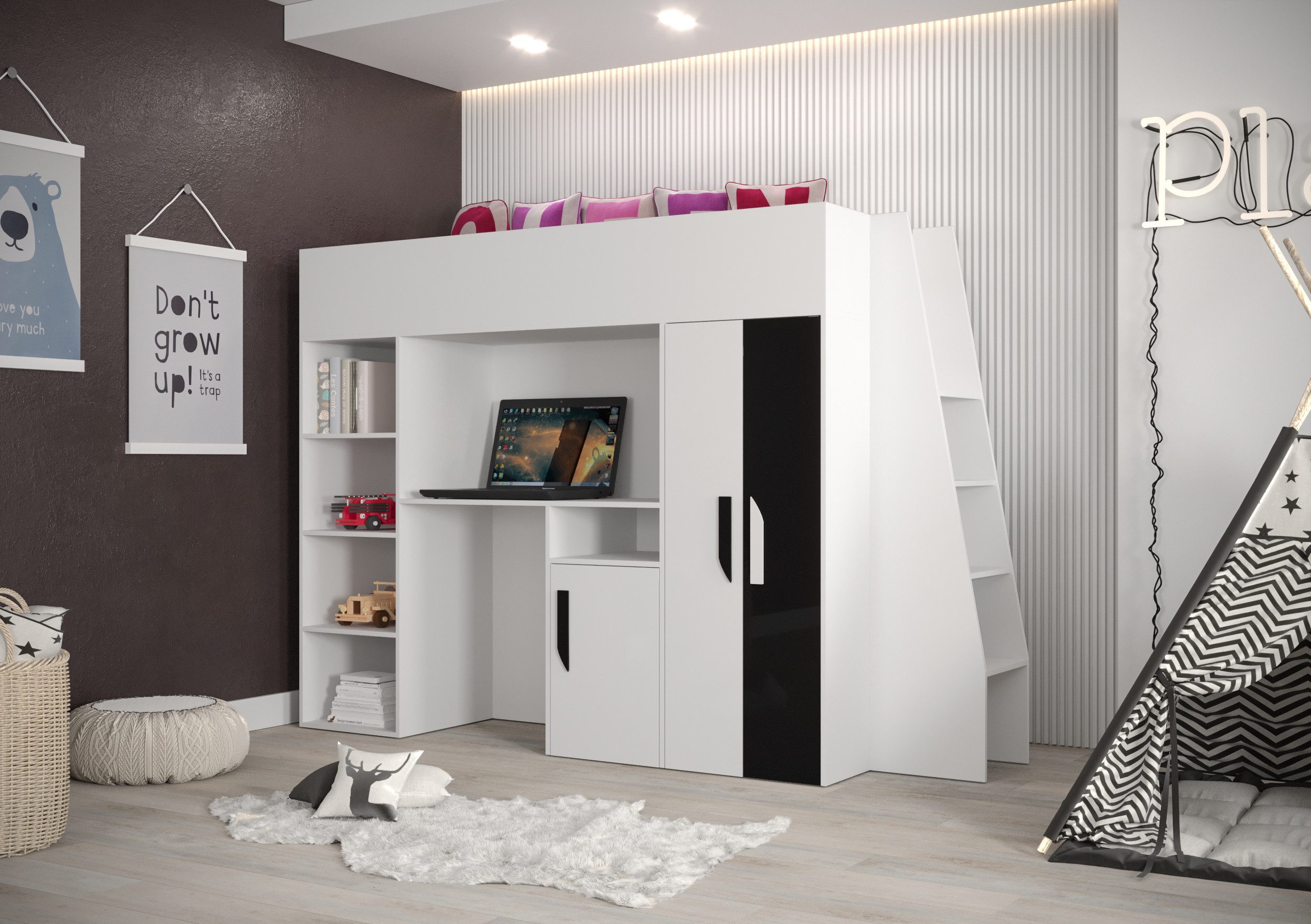 ABIKS MÖBEL Hochbett PARTY 15 Etagenbett für Jugendliche mit Schreibtisch, Kleiderschrank