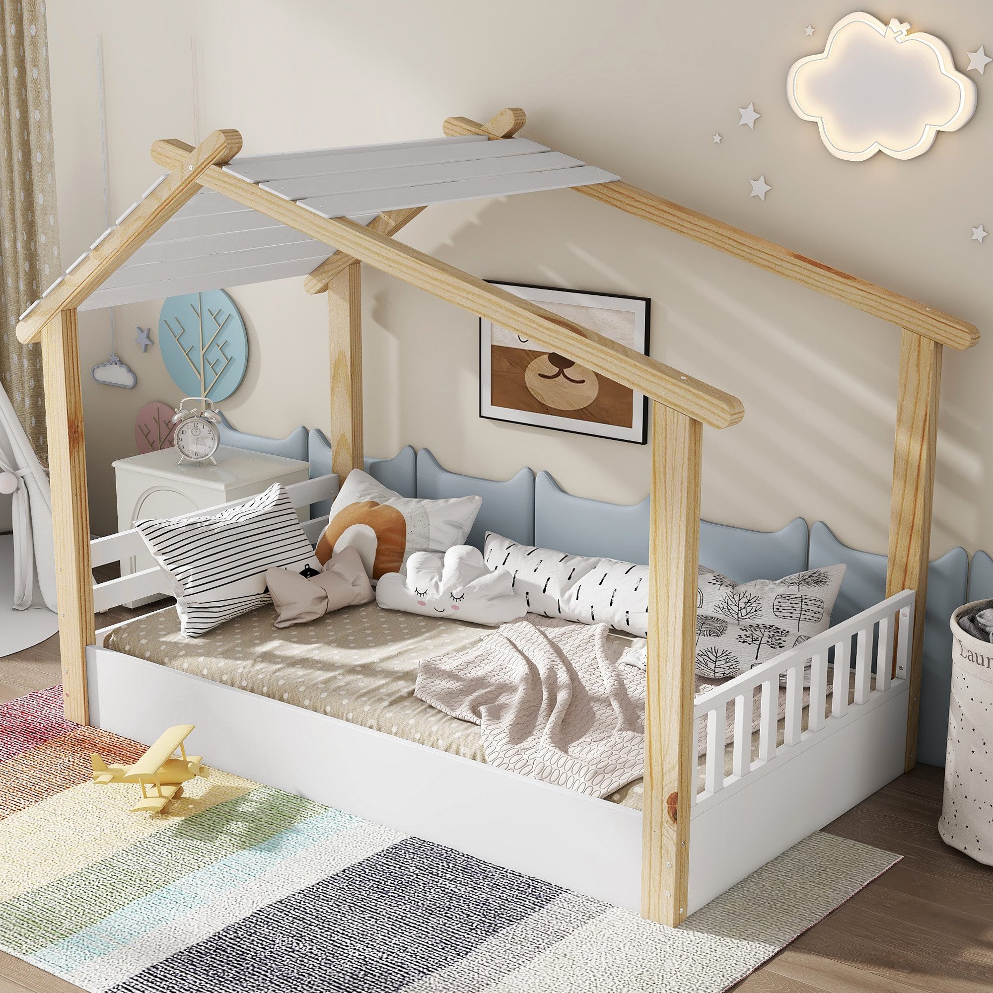 STILVORA Kinderbett 90x190 mit Dach,Holzbett Jugendbett in Hausform mit Lattenrost (mit stabilem Lattenrost & schlichtem Design, 90x190 cm), ohne Matratze