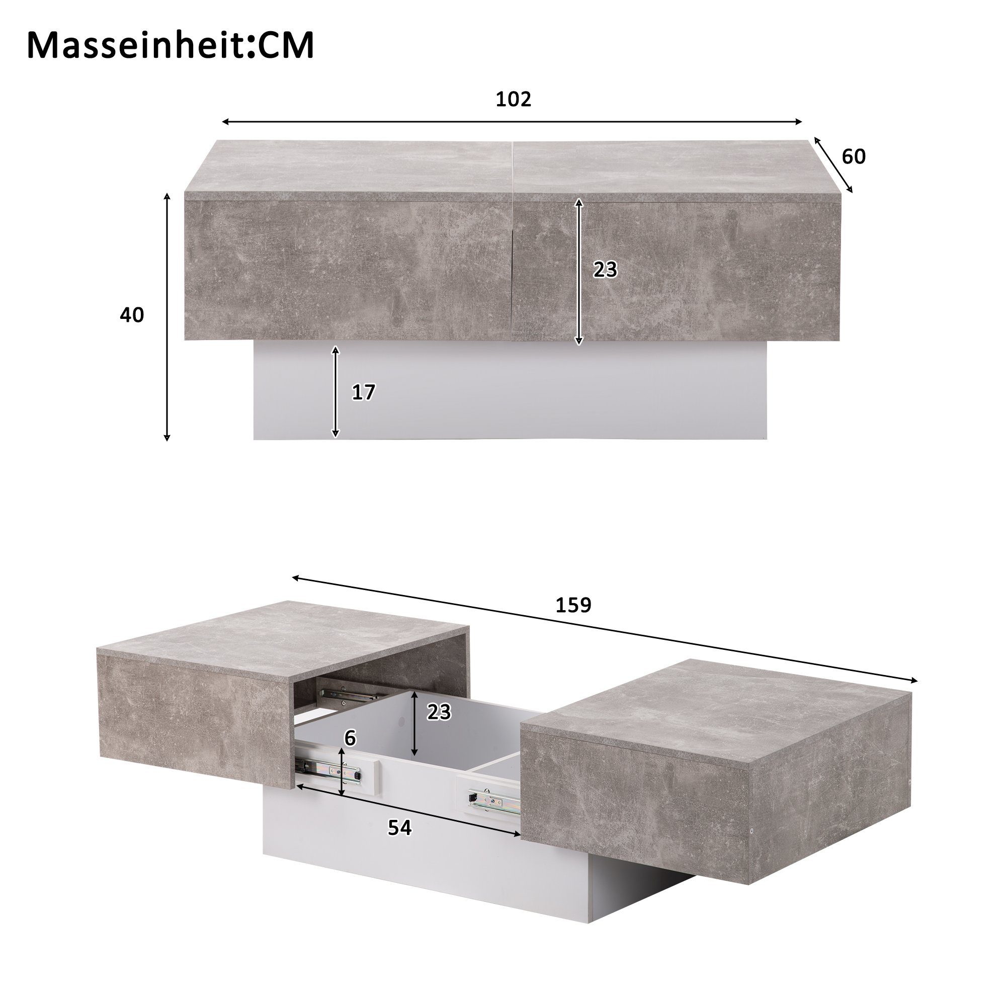 Couchtisch, Wohnzimmertisch ausziehbar, mit 2 Staufächern, (102-159)x60x40cm, Grau