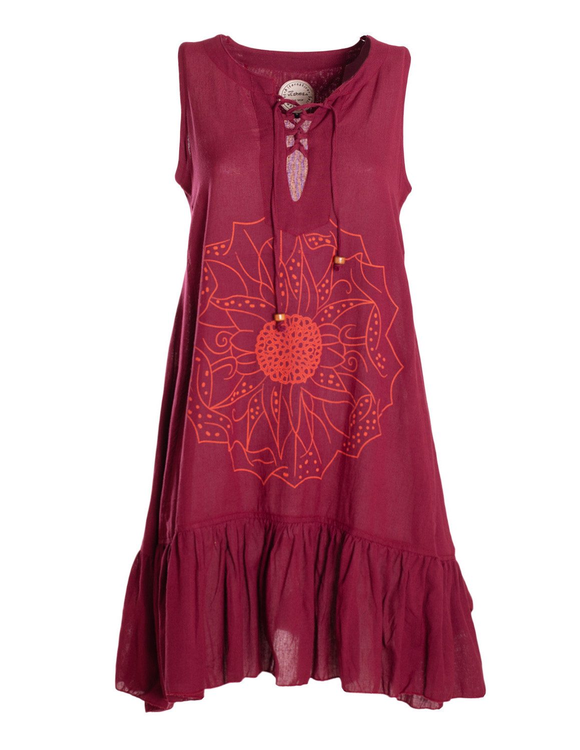 Vishes Tunikakleid Damen Hängerkleid Baumwolle Blumen Lagenlook mit Schnüren Holzperlen Alternative Bekleidung, Ethno, Hippie, Retro Style