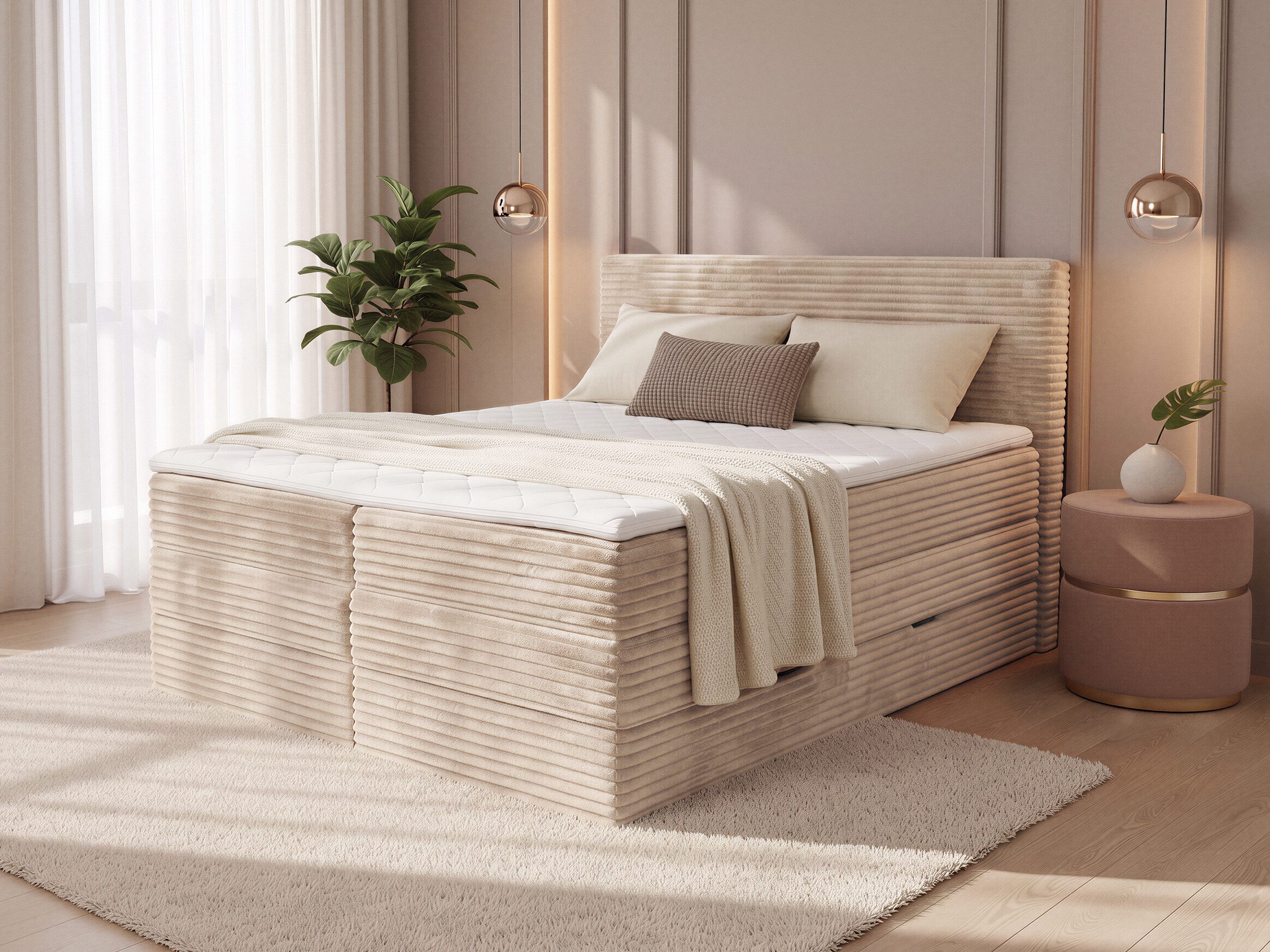 Sofnet Boxspringbett Mollo XL (2x Bettkästen, Bonellfederkern- und Taschenfederkernmatratze, Topper), Polsterbett, Doppelbett, Cord Bezug, mit Kopfteil, 140/160/180x200 cm