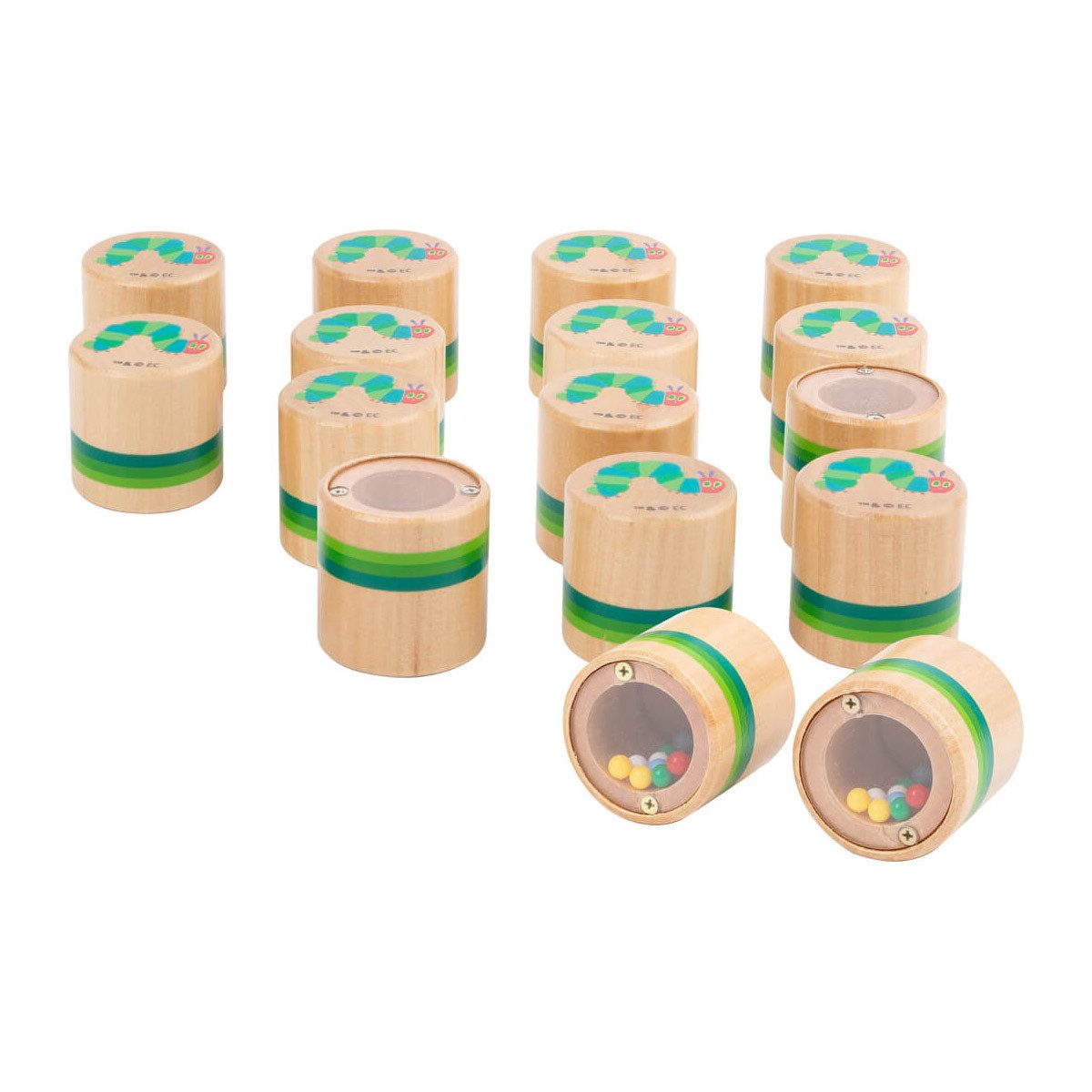 Small Foot Lernspielzeug Raupe Nimmersatt Hör-Memo (packung, 16-St., 16 Holzdosen), Geräuschunterschiede erkennen und benennen.