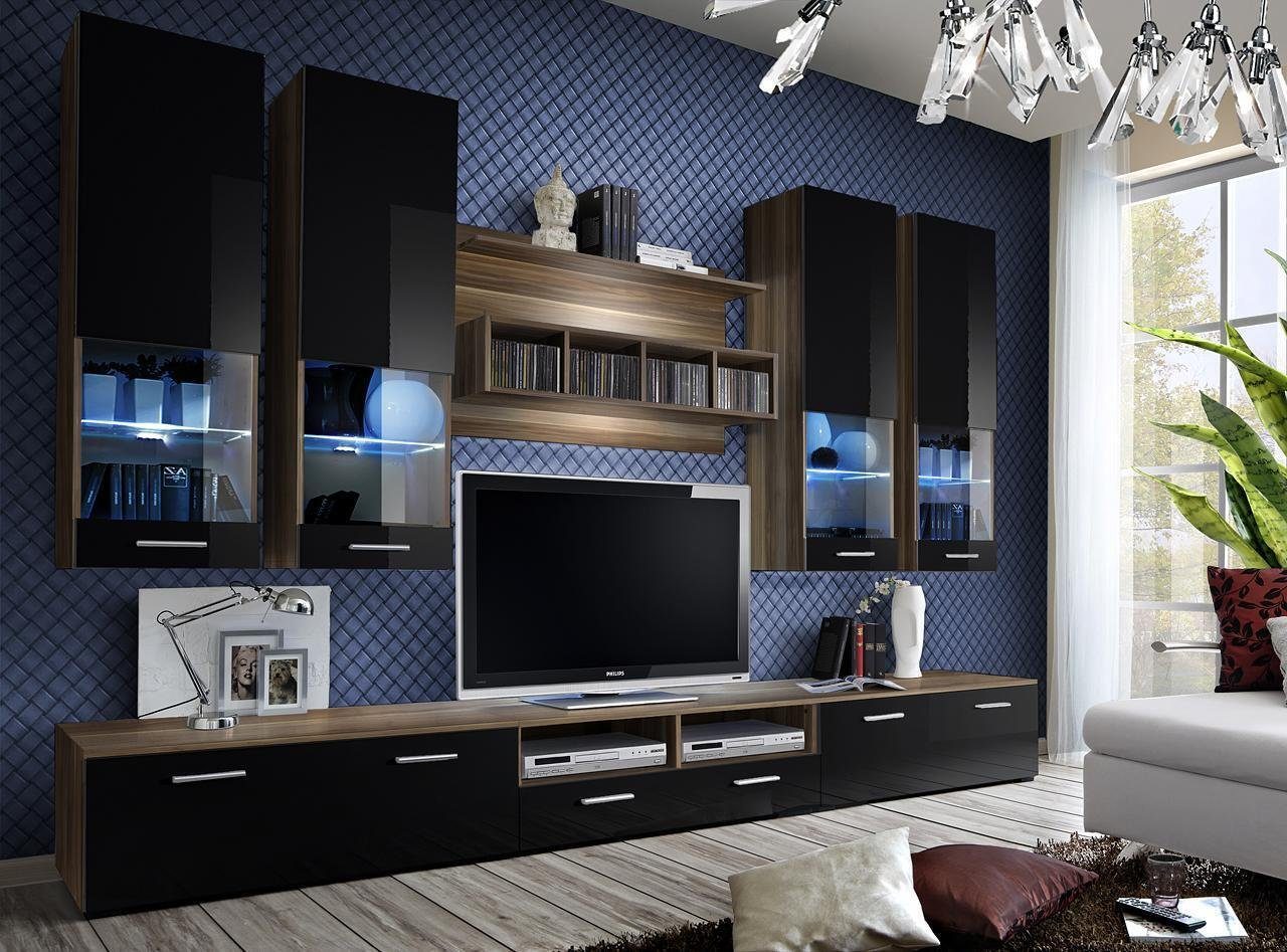 Holz Möbel 3x Schwarz Made Designer Luxus TV-Ständer/Wandregal/4x Wohnwand Wohnzimmer, (8-St., Wandschrank), JVmoebel Europa in tv Möbel Ständer
