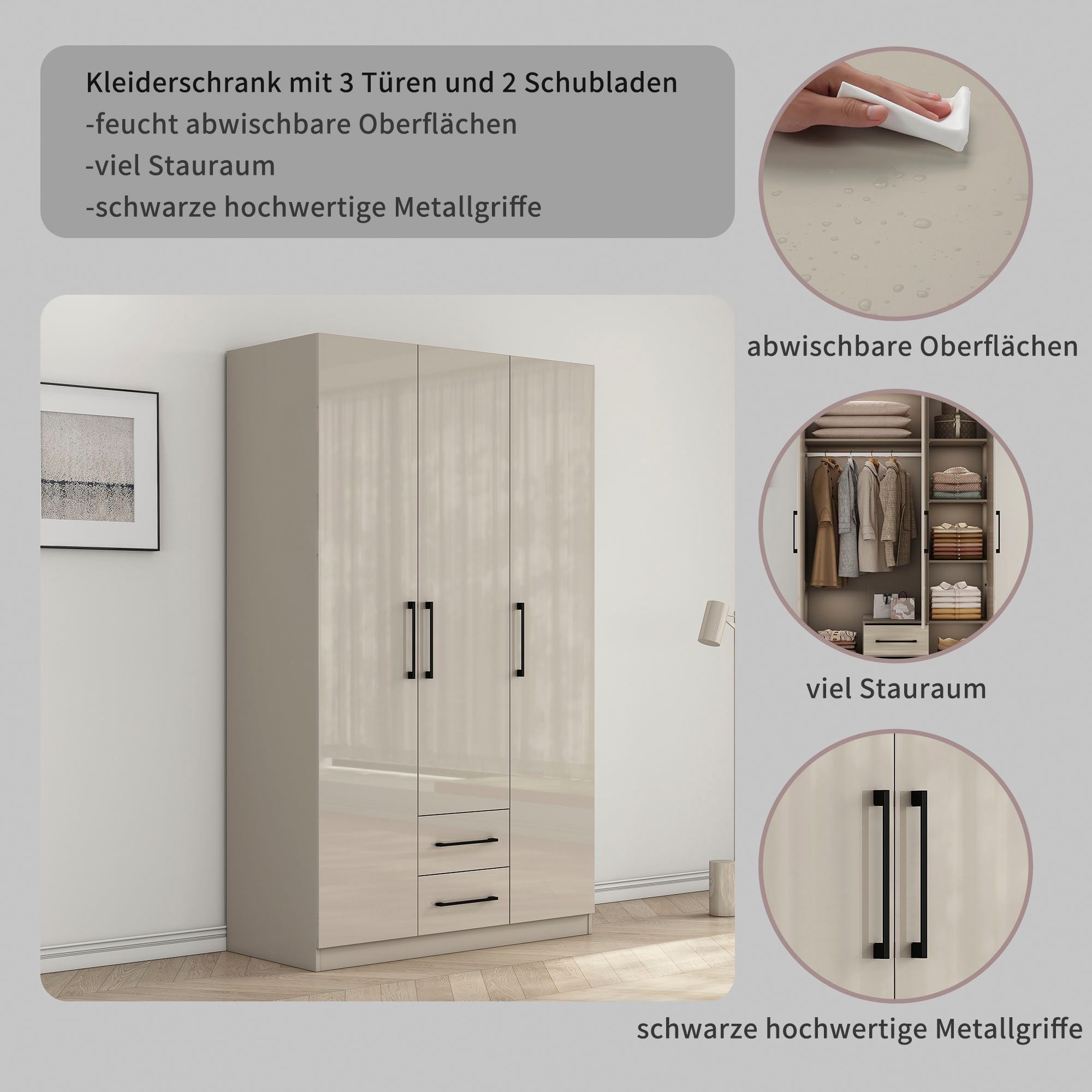 OTTO home Kleiderschrank Sylt Schlafzimmerschrank Garderobe Schrank hochglanz (hochwertige schwarze Metallgriffe) Drehtürenschrank mit perfekter Innenausstattung, Breite 120cm