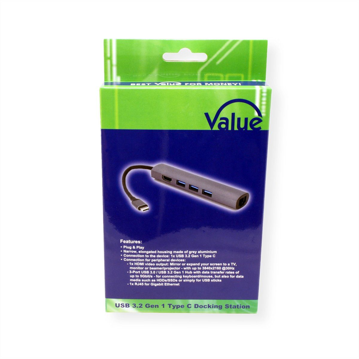 VALUE USB-C Dockingstation, HDMI 4K Computer-Adapter USB Typ C (USB-C) Männlich (Stecker) zu HDMI Typ A Weiblich (Buchse), 3x USB Typ A, Gigabit Ethernet