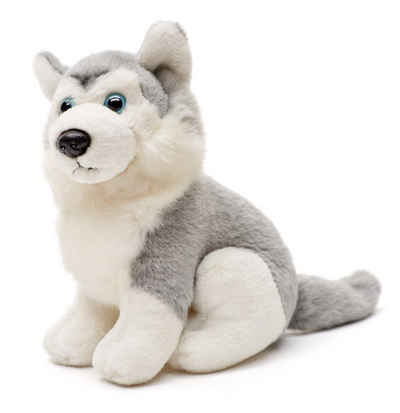 Uni-Toys Kuscheltier Husky grau, klein - liegend oder sitzend - Plüsch-Hund - Plüschtier, zu 100 % recyceltes Füllmaterial