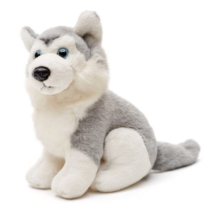 Uni-Toys Kuscheltier Husky grau klein - liegend oder sitzend - Plüsch-Hund - Plüschtier zu 100 % recyceltes Füllmaterial