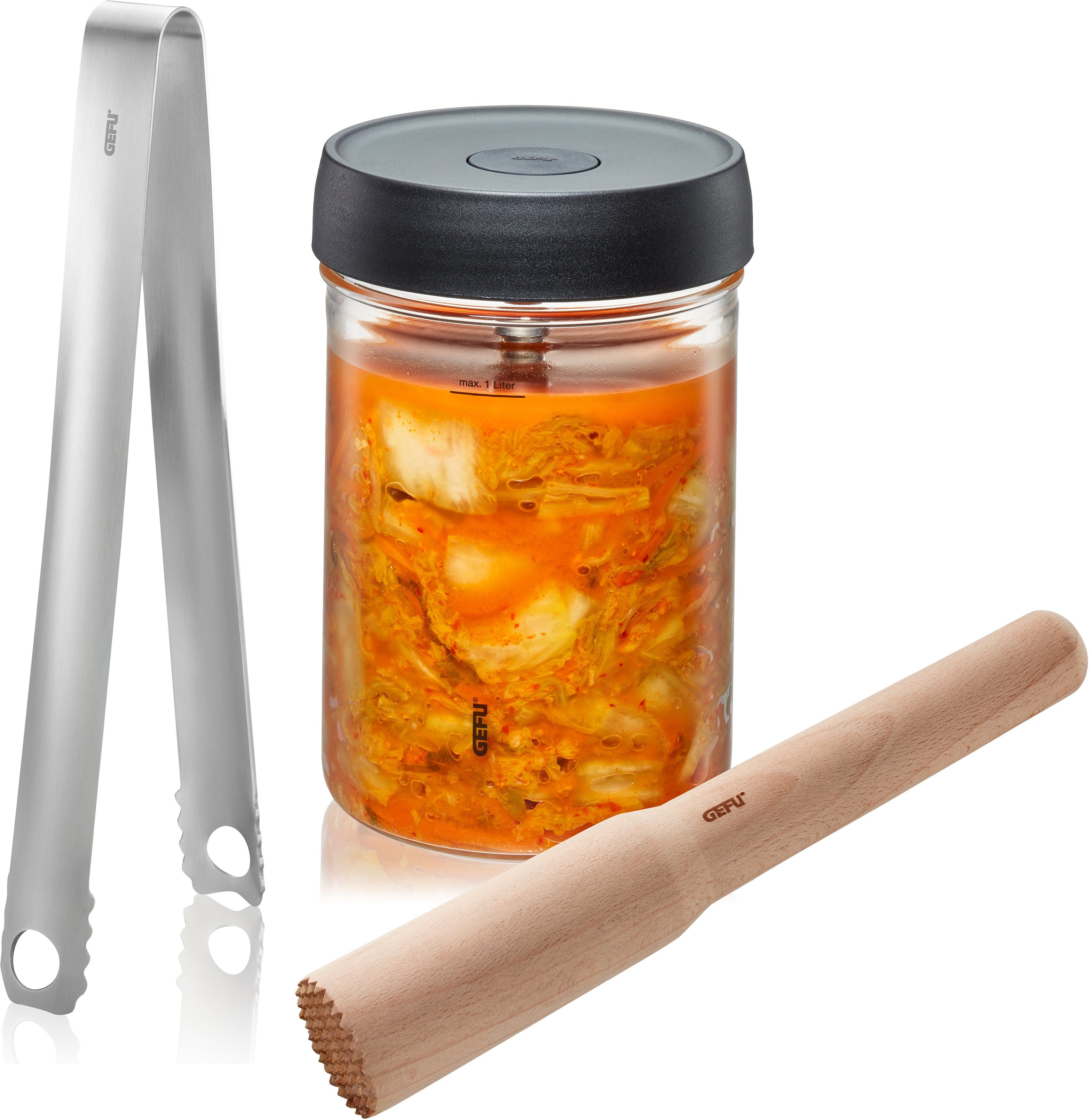 GEFU Fermentationsglas NATIVO, Borosilikatglas, Edelstahl, Holzwerkstoff, Kunststoff, Silikon, (Set, 5-tlg), 1L Fermentationsglas mit Deckel, Beschwerungsgewicht, Stößel und Zange