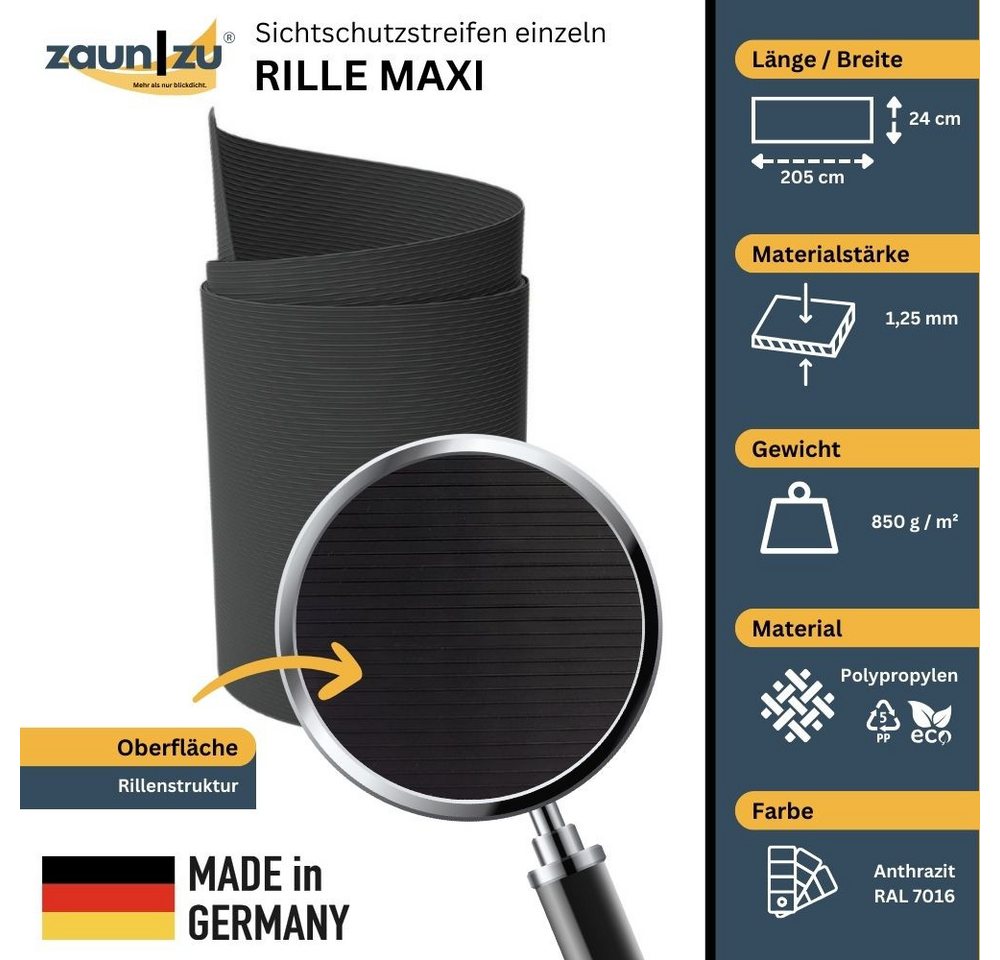 Thumbnail - zaunzu Sichtschutzstreifen Rille Maxi Einzelstreifen Sichtschutz 24cm hoch Anthrazit 2,05m, (1x Einzelstreifen, 24cm hoc...