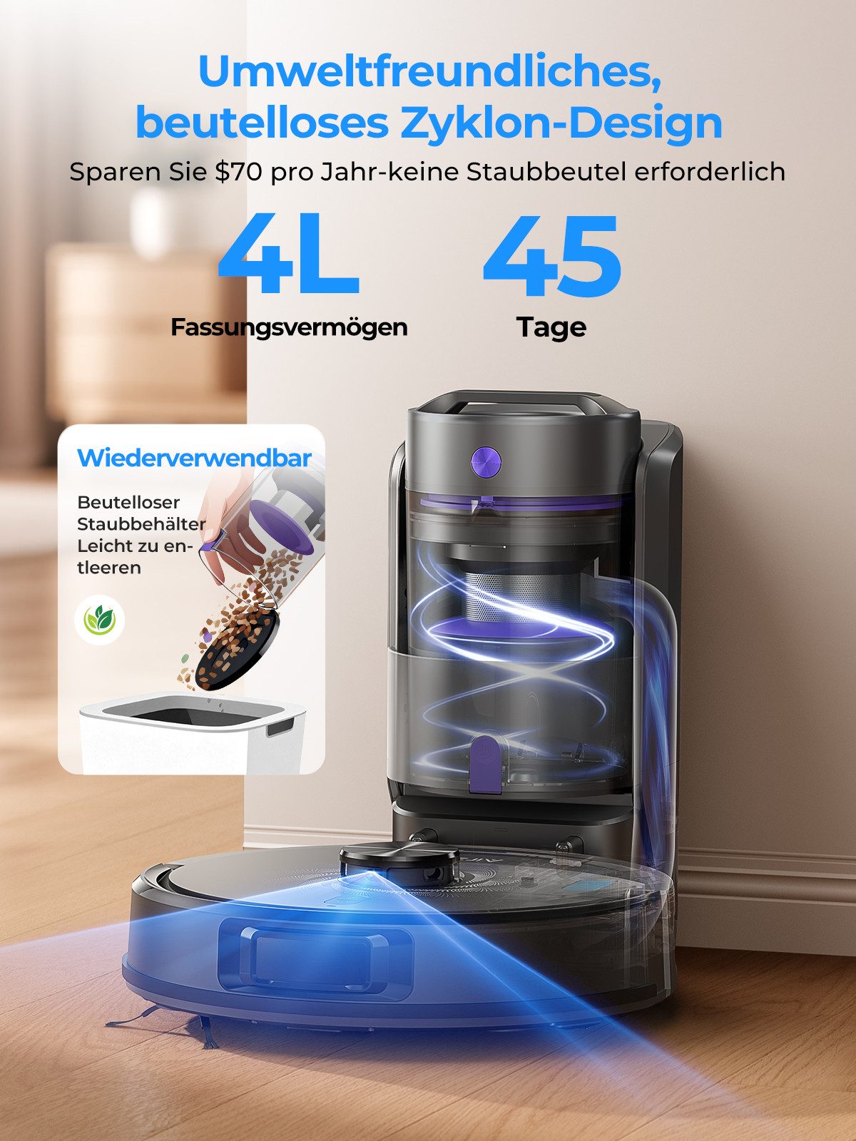 Laresar Saugroboter mit Wischfunktion und Absaugstation L30, 10.000 Pa, LiDAR-Navigation, beutellos, 4-in-1 Reinigung, 200 Min Laufzeit, APP-Bedienbar