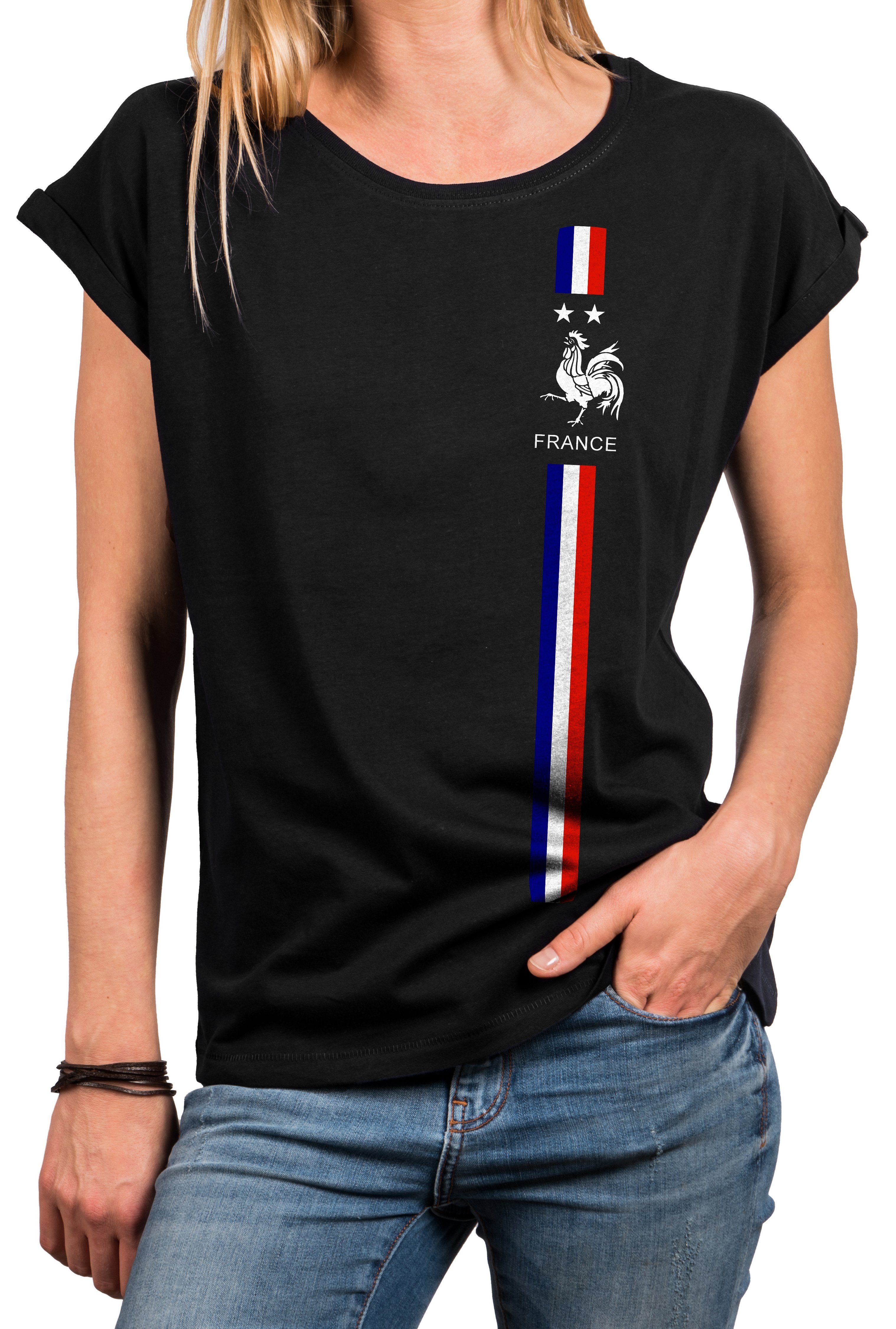 MAKAYA Print-Shirt Damen Kurzarmshirt Baumwolle Frankreich Fahne Flagge Trikot Top Tunika, große Größen Schwarz | T-Shirts