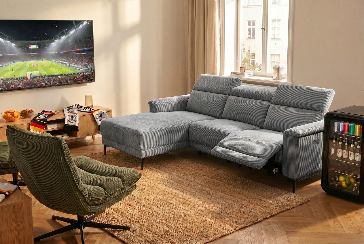 OTTO home Ecksofa LUND Cord, L-Form, 261 cm, man. o. elektr. Relaxfunktion (mit USB-A), mit USB A-Anschluss bei elektrischer Variante und Kopfteilverstellung