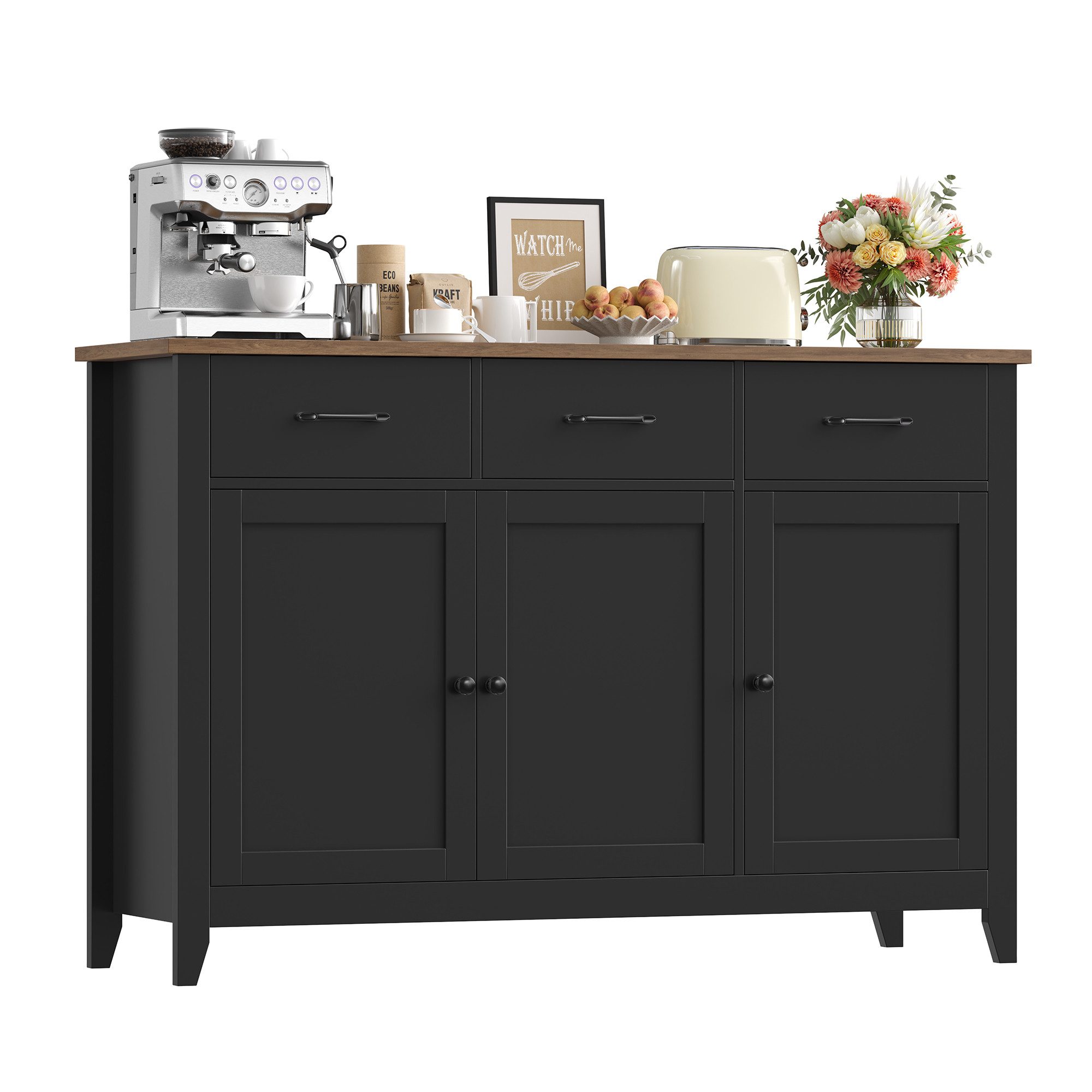 HOMECHO Sideboard, 120 cm Küchenschrank mit verstellbarem Regal, 3 Schubladen