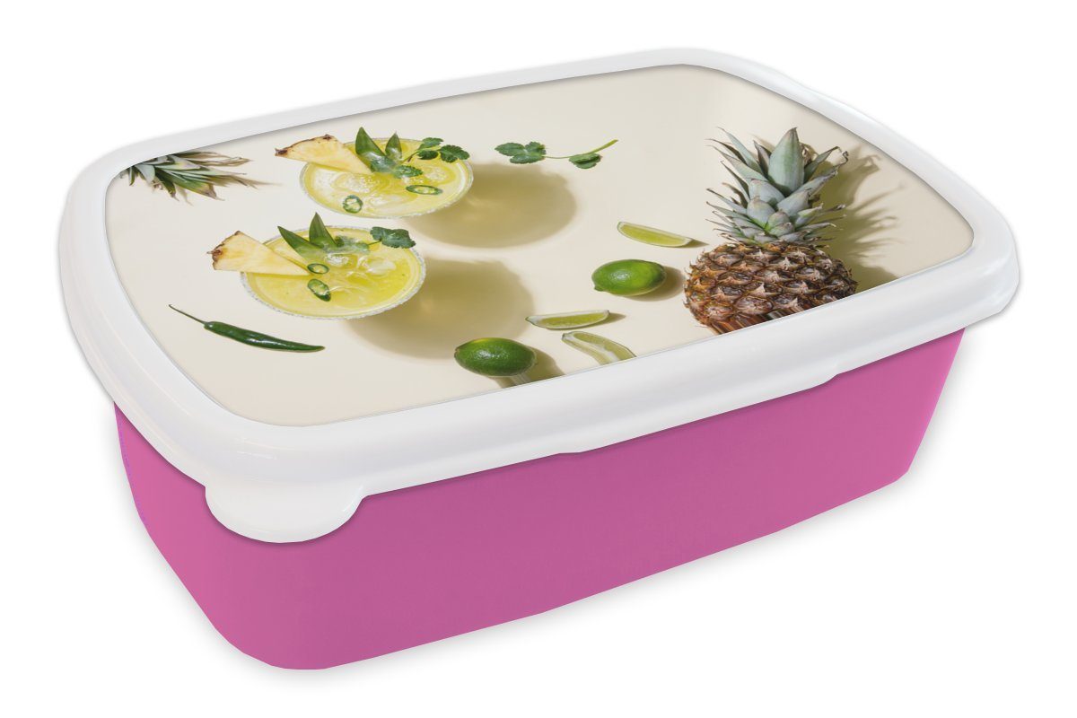 MuchoWow Lunchbox Getränk - Ananas - Sommer, Kunststoff, (2-tlg), Brotbox für Erwachsene, Brotdose Kinder, Snackbox, Mädchen, Kunststoff rosa
