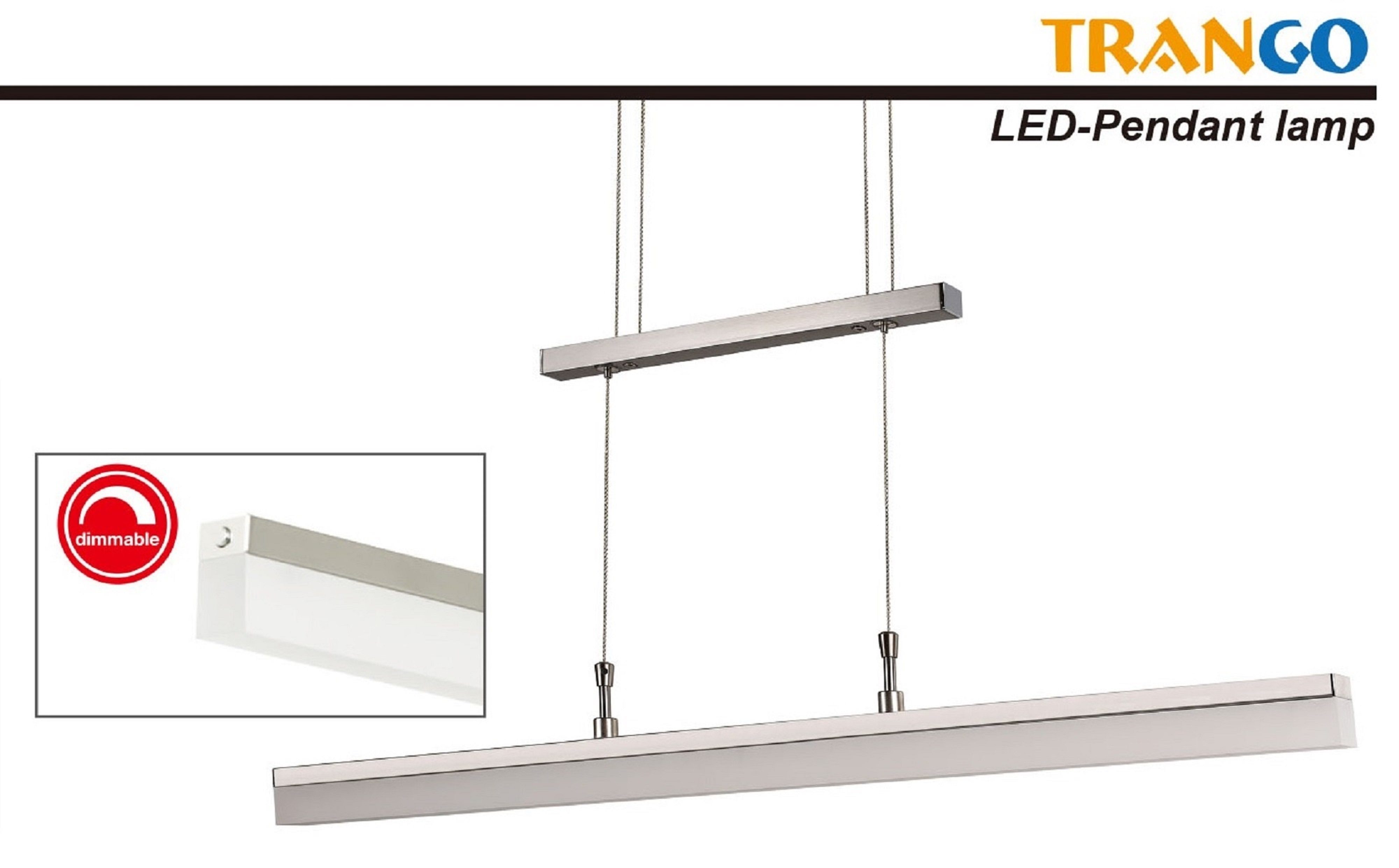 TRANGO LED Pendelleuchte, 2014-012A Design stufenlos dimmbare & höhenverstellbar LED Pendelleuchte in Edelstahl-Optik ca. 850mm Lang inkl. 1x 20 Watt LED Modul 3000K warmweiß *WOW* Esstischleuchte - Hängelampe - Deckenleuchte, Wohnzimmerlampe mit satiniertem Acryl-Lampenschirm