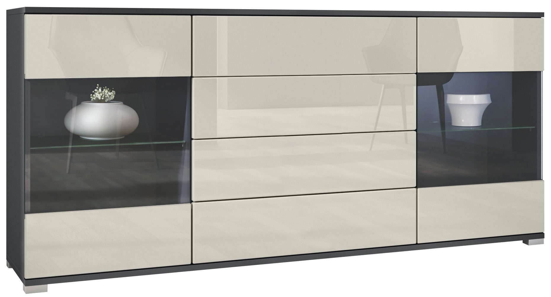Vladon Sideboard Bari V2 (Kommode mit 2 Türen, 4 Schubladen und 2 flexible Glaseinlegeböden), Anthrazit matt/Creme Hochglanz (166,5 x 75,5 x 35)