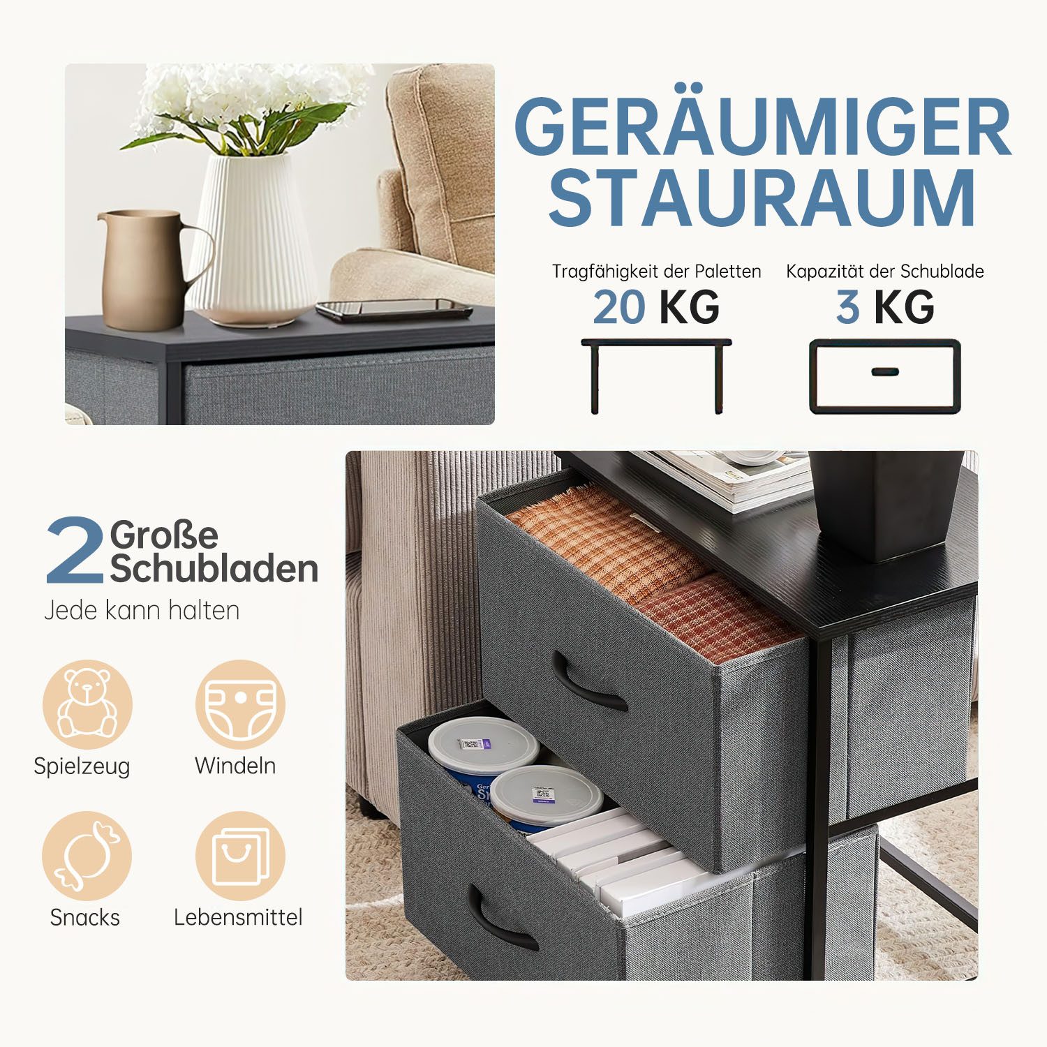 Refined Living Kommode Schubkastenkommode mit 2/4/5 /7/8/9 Schubladen stabilem Stahlrahmen (Nachttisch 2st - Schrank 2 Stoffschubladen mit Griffen Metallgestell, Vertikaler Stauraum Organizer Einheit 50cm Hoch Max Belastbarkeit 20kg), Kleine Schlafsäle und Apartments, Kinderzimmer, Einstiegsmöbeloptionen