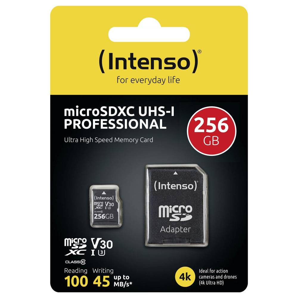 Intenso Professional miniSDXC-Karte Retail 256 GB Class 10, UHS-I U3, v30 Speicherkarte (Wasserfest, Temperaturbeständig)