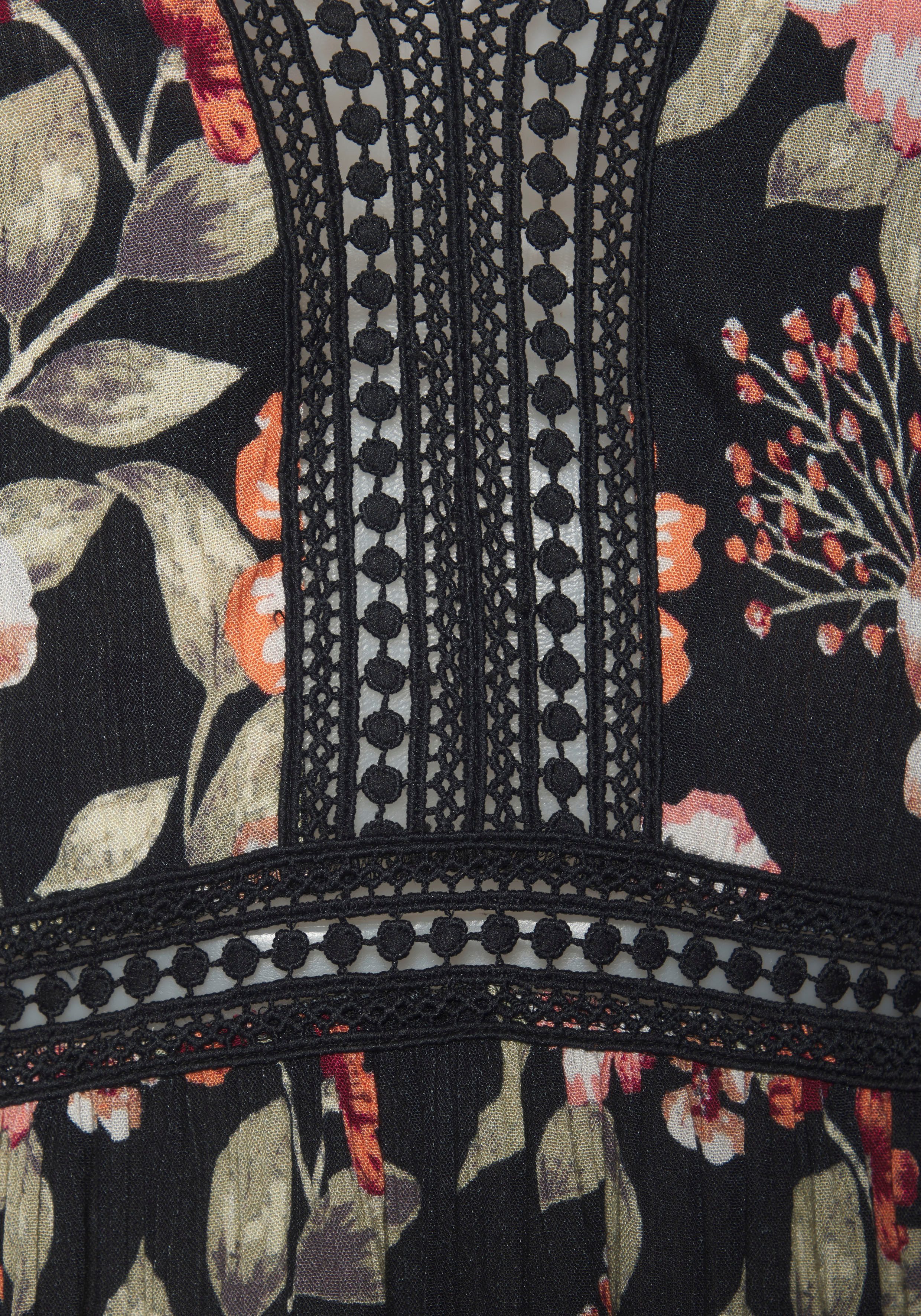 Buffalo Maxikleid mit Blumenmuster und Spitzeneinsätzen leichtes Sommerkleid aus gekreppter Viskose, Strandkleid, Blumenkleid