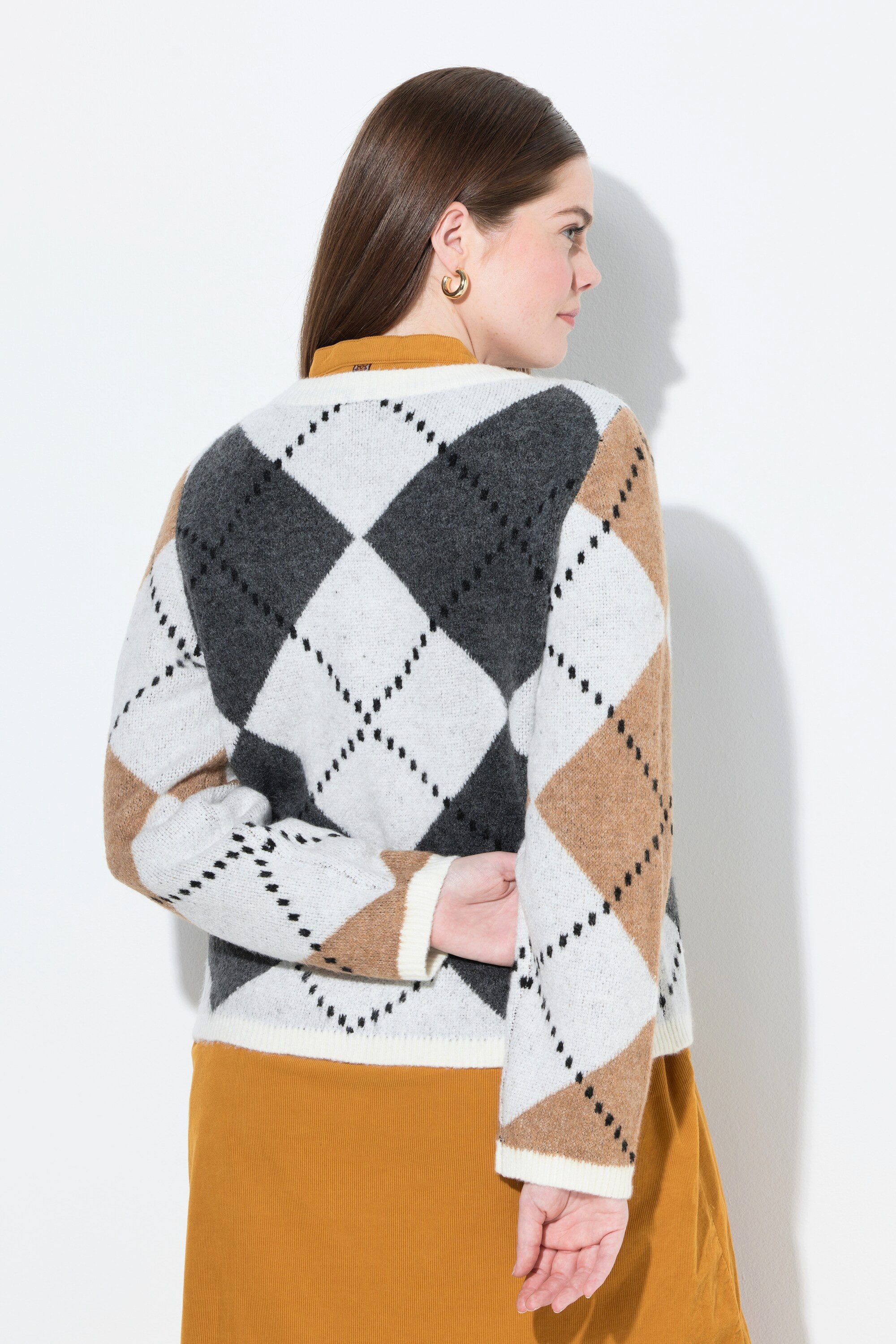 Ulla Popken Strickjacke Strickjacke Rhomben Rundhals Langarm