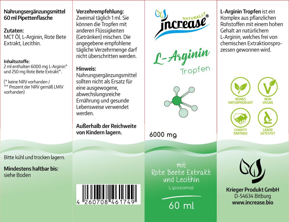 increase NATURALLY Liposomales L-Arginin - 6.000mg L-Arginin pro Tag - Rote Bete Extrakt Tropfen, 60 ml