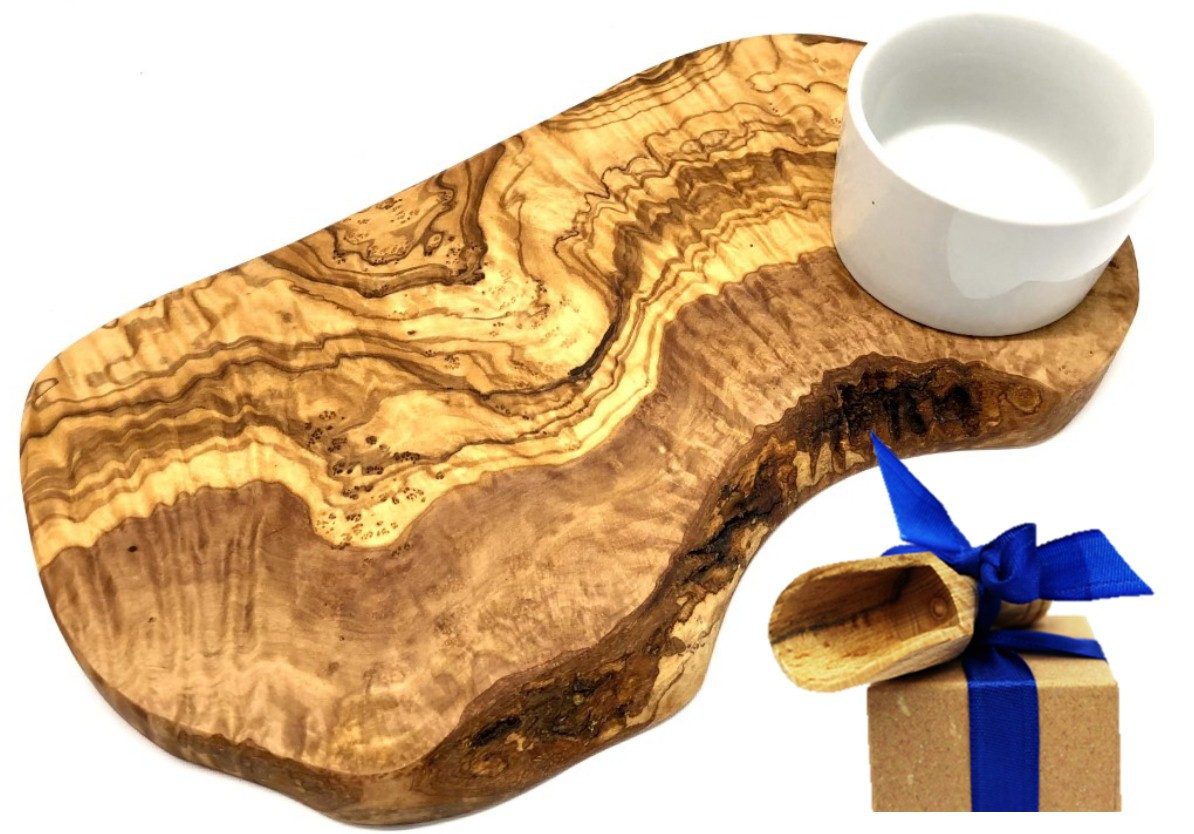 Olivenholz-erleben Schneidebrett Burgerbrett rustikal Olivenholz 40-44 cm inkl. Dipschale, Massivholz, (Set, 2-St., 1x Burgerbrett, plus Überraschung), Dipschale für sauberes Servieren – verhindert Vermischen von Speisen