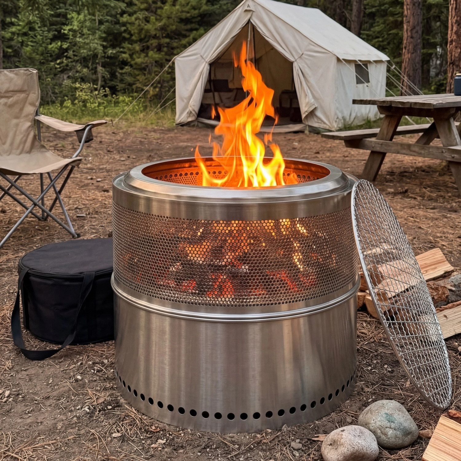 ANYSUN Feuerschale Rauchfreie aus Edelstahl, mit Grillrost, Garten & Camping, (Feuerschale mit Grillrost, Feuerhaken, Handschuhen & Tragetasche), Ø 50 cm, aus Edelstahl 304, tragbar, inkl. Tragetasche & Zubehör