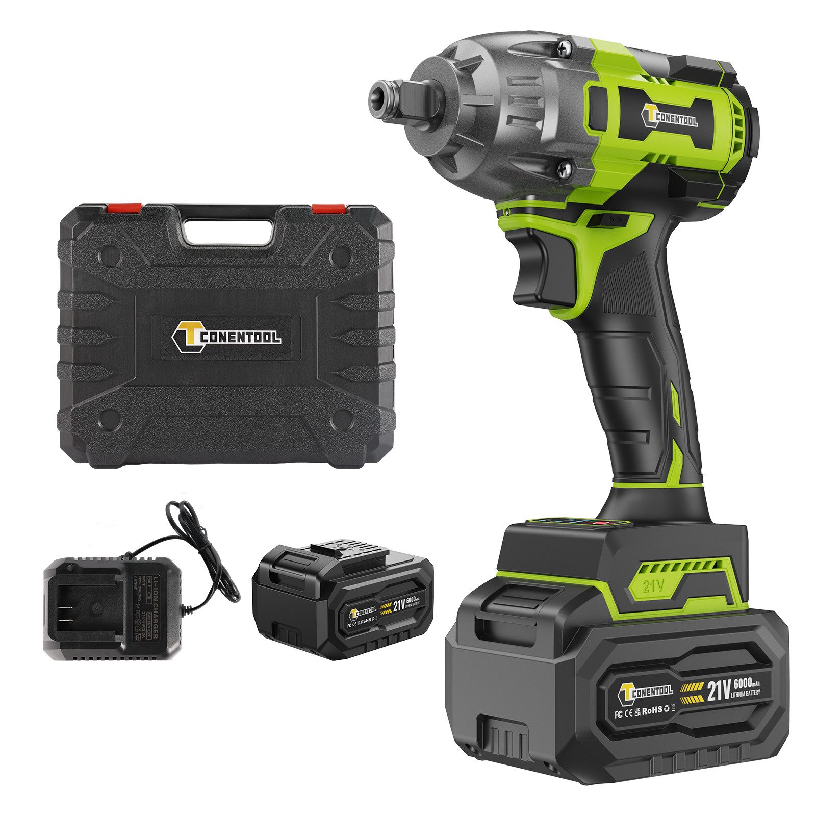 CONENTOOL Akku-Schlagschrauber 21V, 3300,00 U/min, 520,00 Nm, (Set, 7-tlg., Bit-Set, 6,0Ah Akku und Schnellladegerät), 2-in-1 Akkuschrauber, Bürstenloser