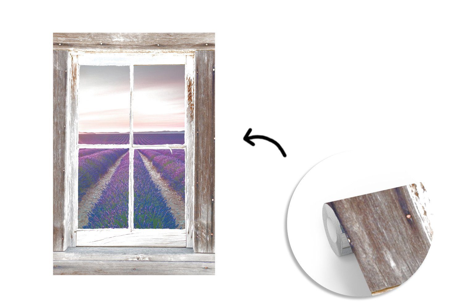 Tapete Durchsichtig - - bedruckt, Matt, Wandtapete Lavendel Holz, St), Wohnzimmer, Montagefertig (3 für MuchoWow Fototapete Vinyl