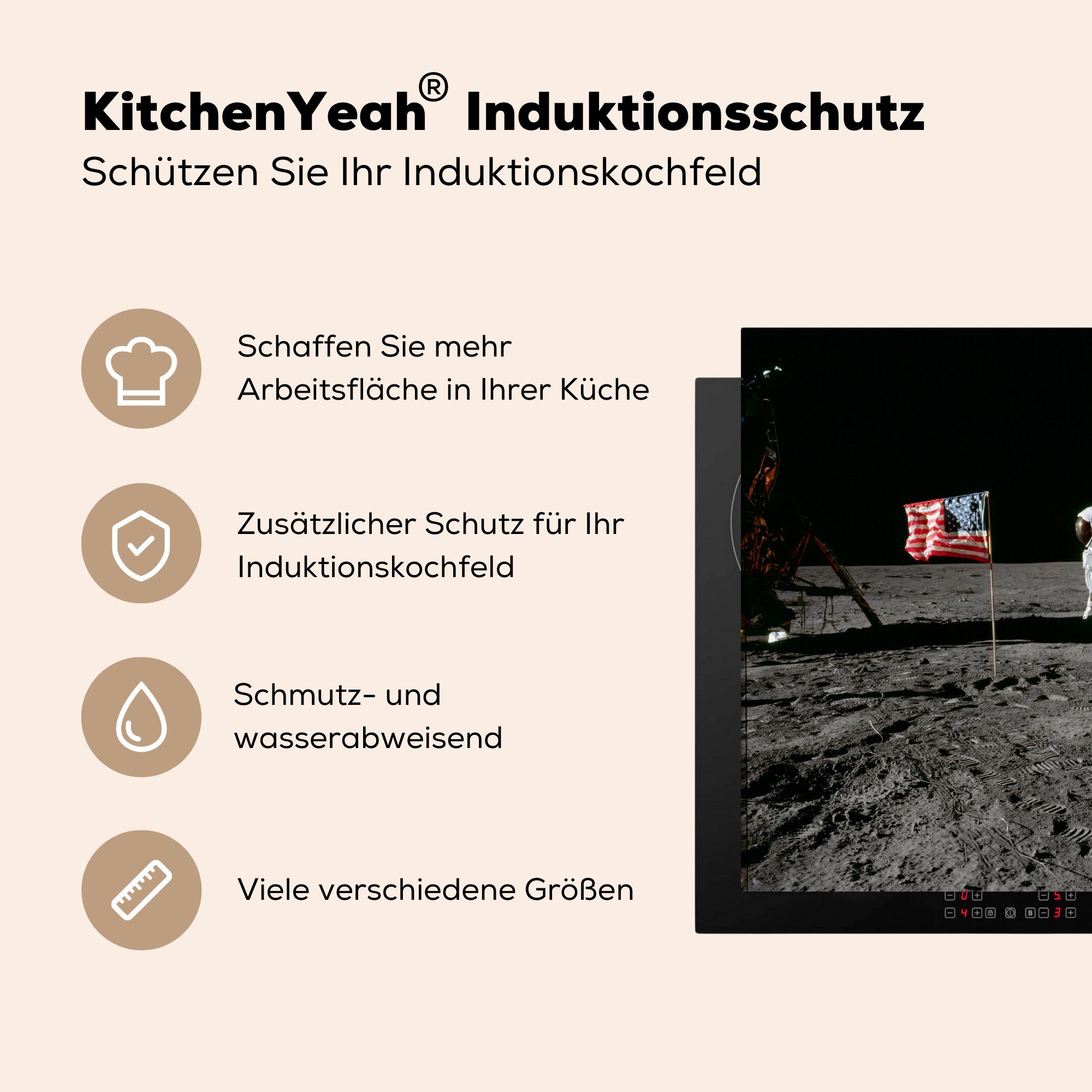 Ceranfeldabdeckung, (1 Herdblende-/Abdeckplatte tlg), Flagge, küche MuchoWow Astronaut für 78x78 Arbeitsplatte - Vinyl, - cm, Mond