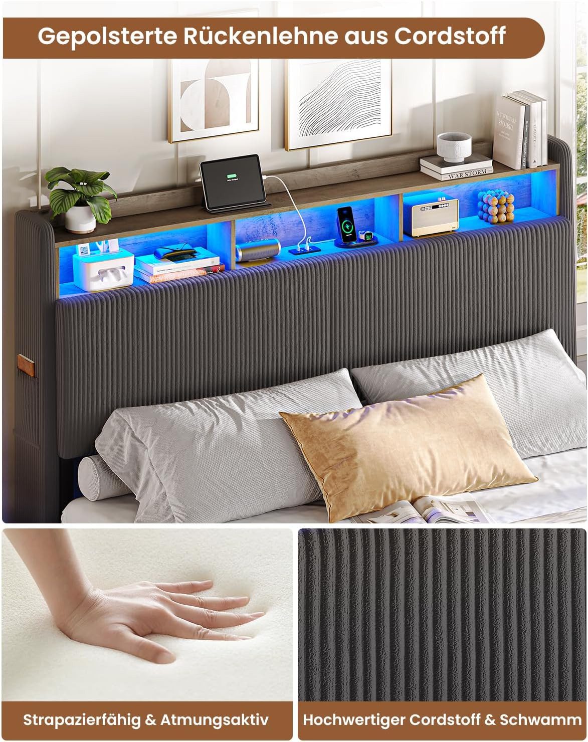 MSMASK Polsterbett Schwebebett mit 270°-LED-Beleuchtung, USB & Type-C Ladestation (Ohne Matratze), Doppelbett mit Stauraum-Kopfteil 180x200 cm – Bild 4 von 5
