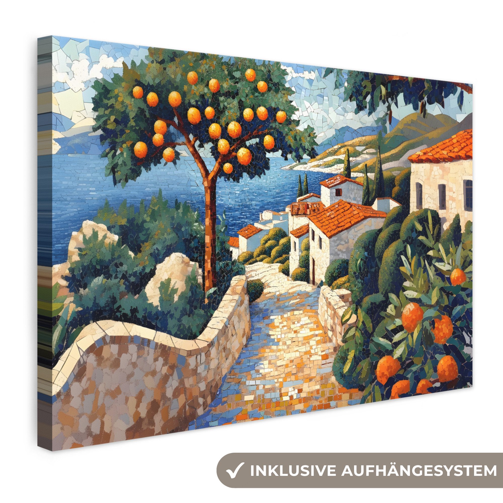 OneMillionCanvasses® Leinwandbild Häuser - Mosaik - Orangenbäume - Meer, Fotodruck (1 St), Leinwand Bilder Klein, Wand Dekoration Aesthetic 30x20 cm