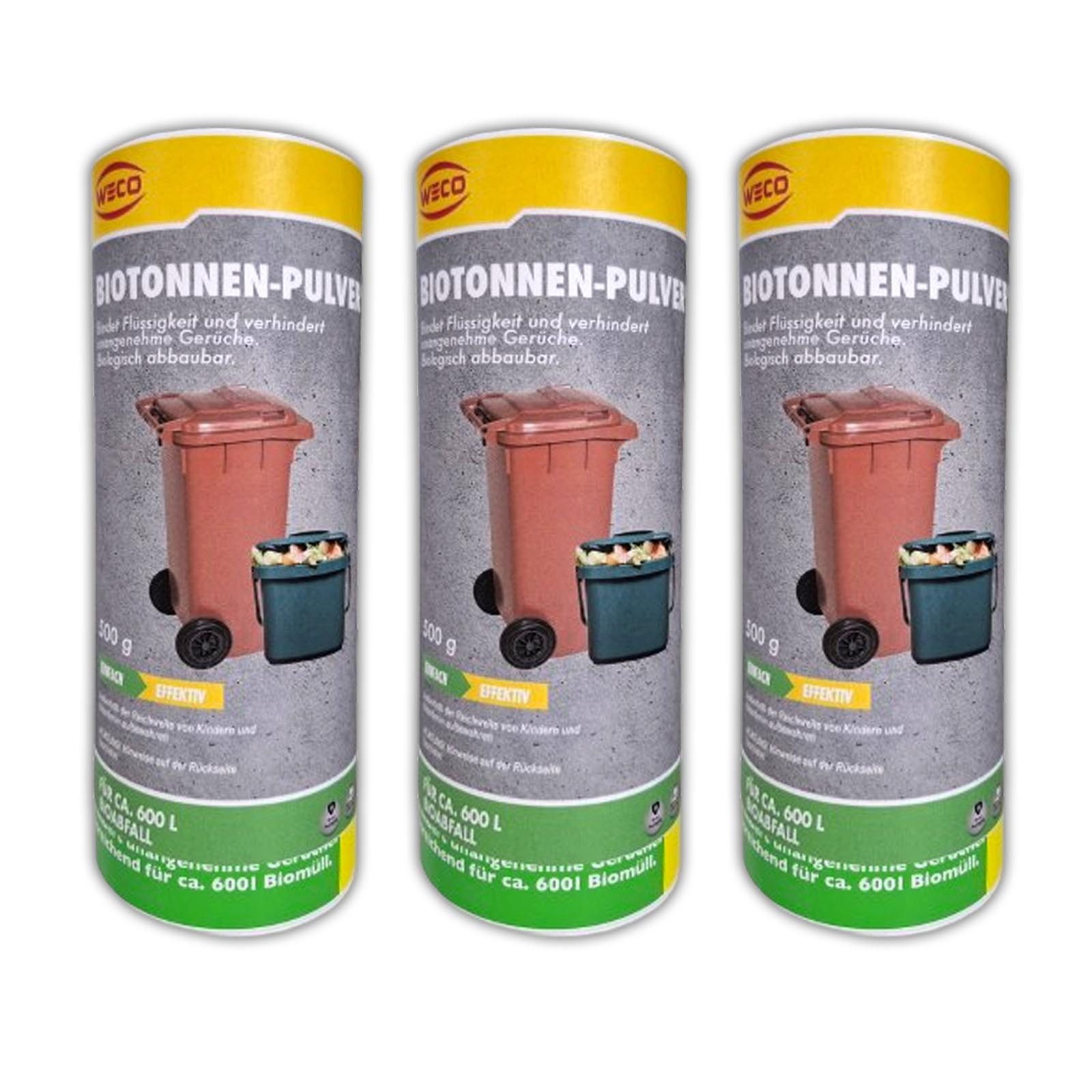 Weco Biotonnenpulver 3x Biotonnen Mülleimer Abfall Pulver Abfalltonne Geruchskontrolle, 3-St., je 500 g für ca. je 600 l