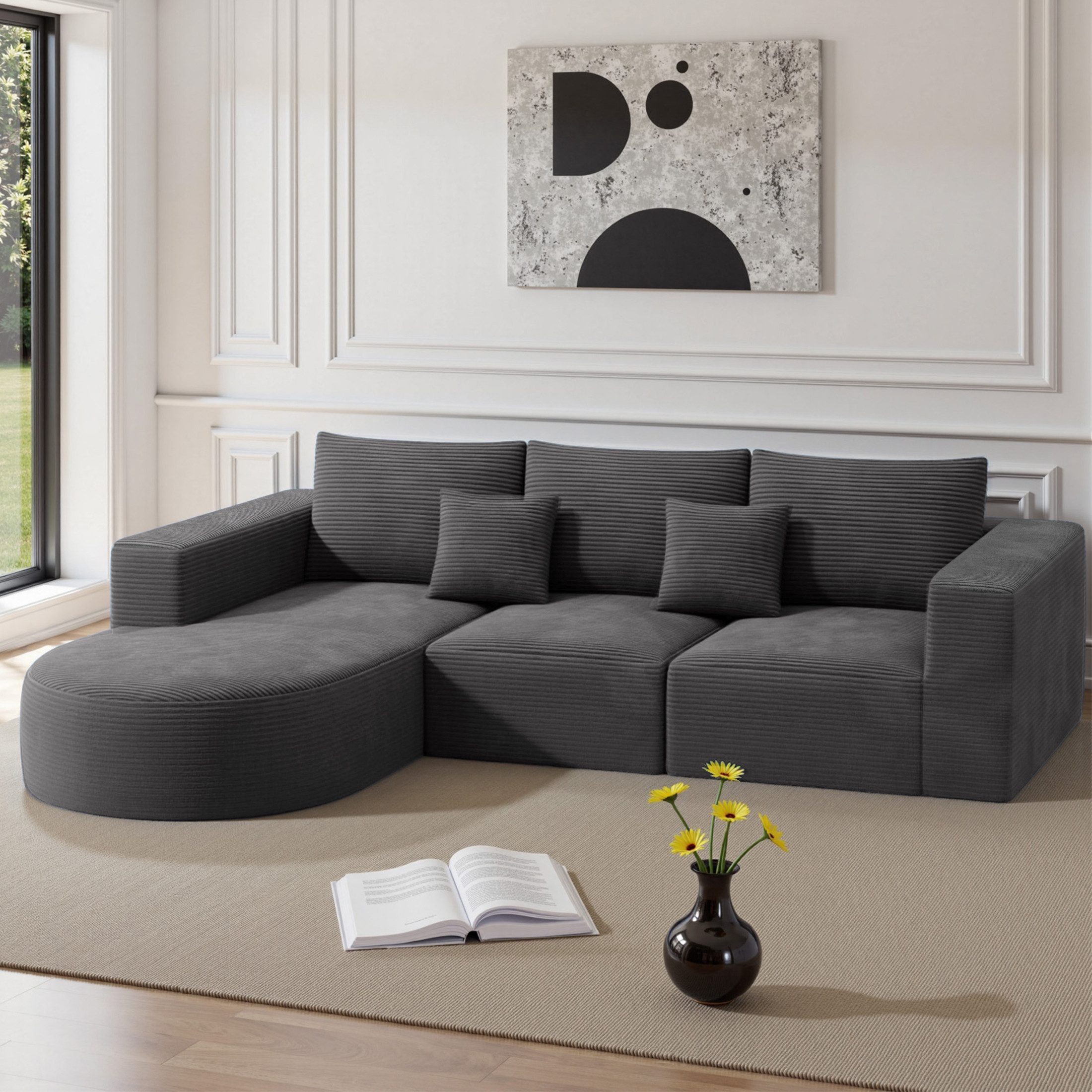 HawthyHome Sofa Cloud-Cord Ecksofa L-form 264x177cm, 1 Teile, Montagefrei Couch mit zwei Kissen für Wohnzimmer & Schlafzimmer